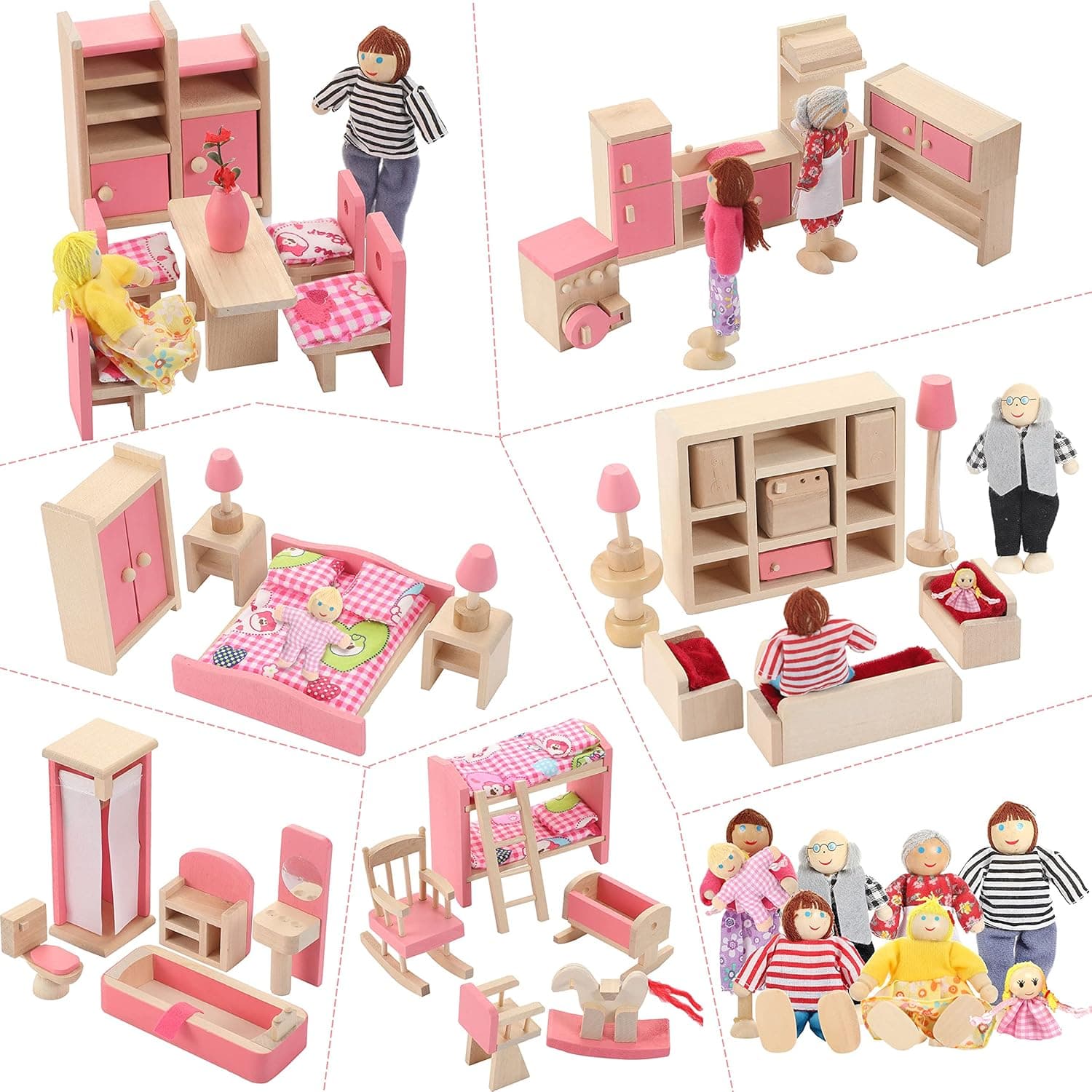 Wooden Dollhouse Furniture Doll House Furnishings with 8 Pieces Winning Doll Family Set, Dollhouse Accessories for Miniature Dollhouse, Family Figures Imaginative Play Toy (Lovely Style)