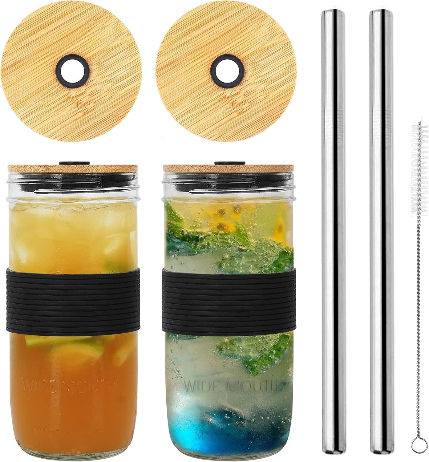 Mason Jar with Lid and Straw, 24oz Wide Mouth Mason Jar Drinking Glasses Tumbler with Bamboo Lid and Silicone Sleeve, Reusable Boba Cups Travel Bottle for Iced Coffee Large Pearl Juice, Black