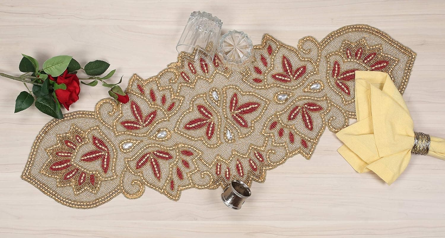 Beaded Table Runner 36inch,Glitz Table Runner,Decorative Table Runner,Farmhouse Decor Table Runner,Rustic Bridal Shower Beaded Table Runner,Beaded Christmas Table Runner 13x36 Silver Maroon Antq Gold