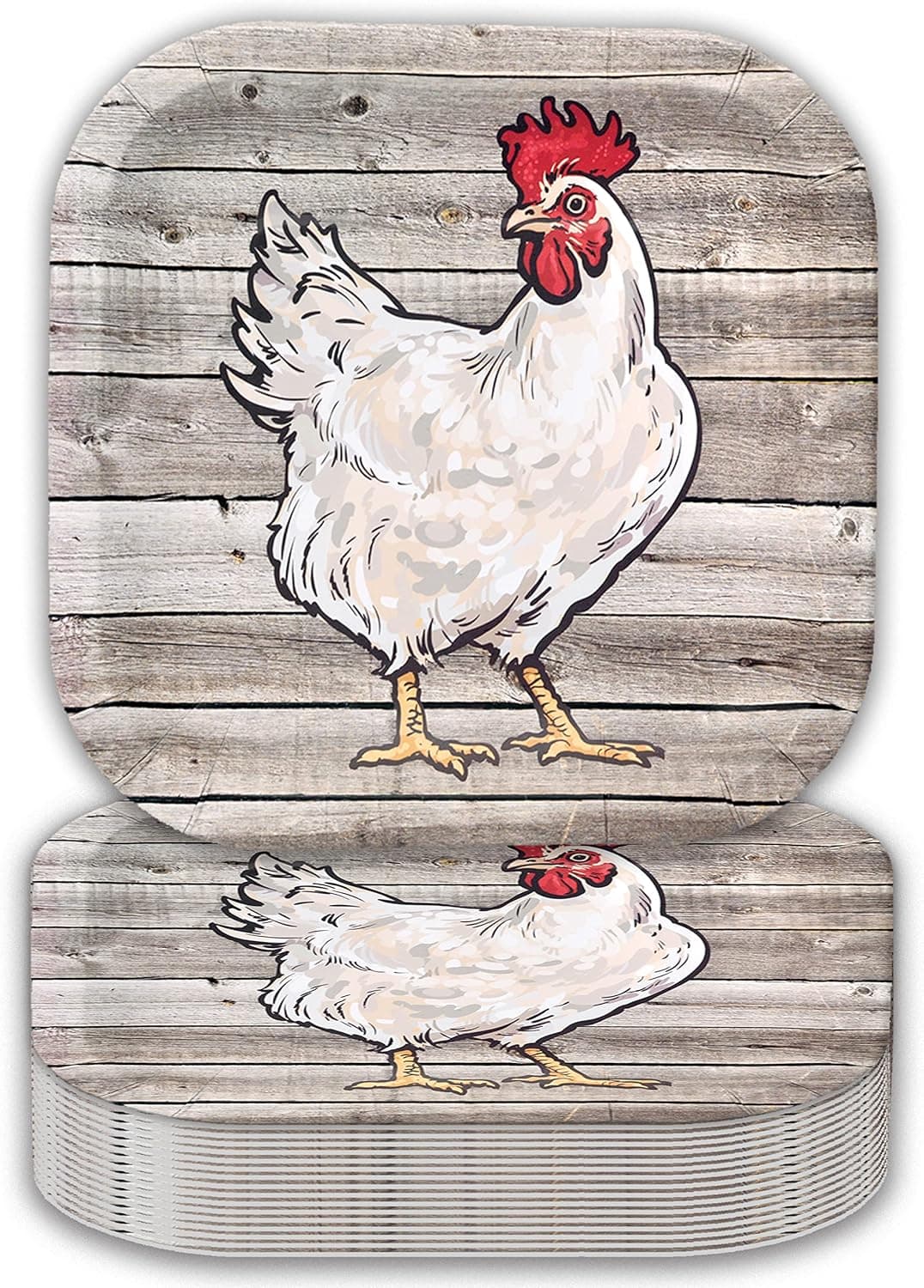 Havercamp Chicken 9” Plates on Barnwood (24 pcs.)! Authentic and Clucky Chicken on a Rustic Barnwood Background. 24 Lg. 9 in. Square Dinner Plates. Pair with the Farm Table Collection!