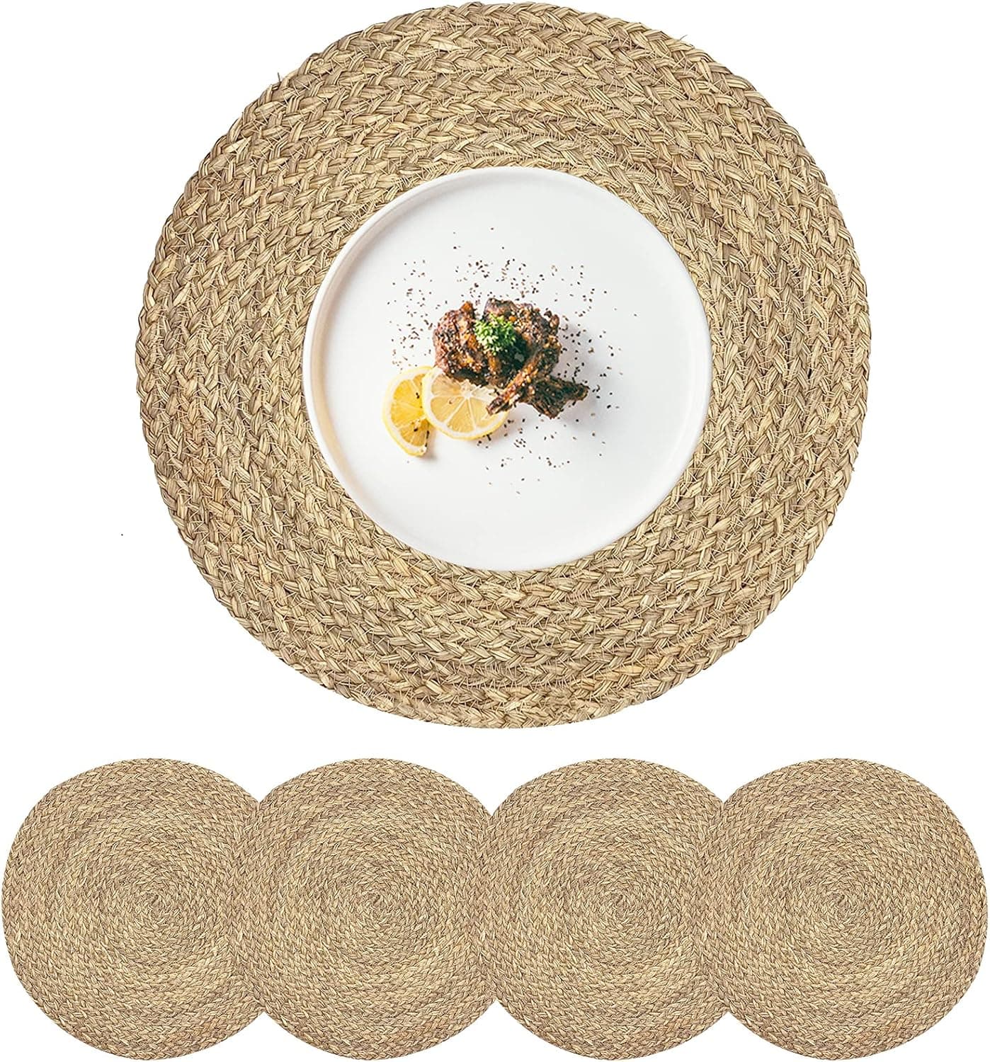 CY SISTERS Woven Placemats for Dining Table Set of 4, 100% Natural Straw, Rustic Round Placemats Farmhouse Table Mats Rattan Wicker Placemats Hand Braided Place Mats for Indoor Outdoor, 14.17“