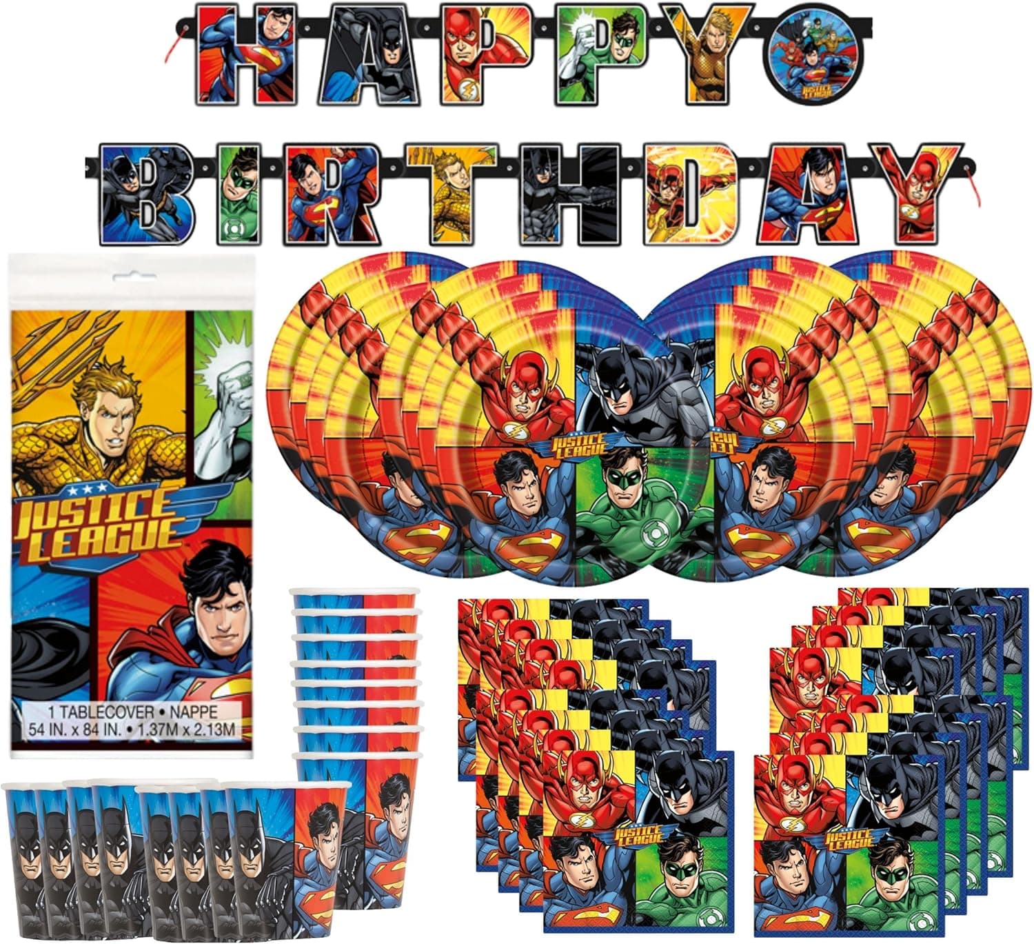 DC Comics Justice League Superheros Birthday Party Supplies Pack Bundle Serves 16 ; Plates, Cups, Napkins, Banner, & Table Cover