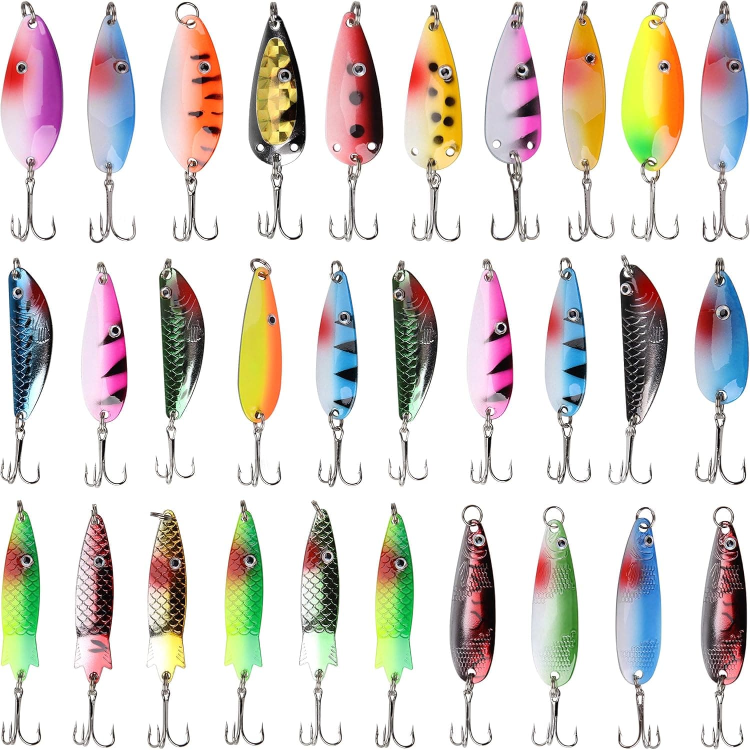 Fishing Spoons Metal Lures Kit, 30pcs Fishing Spoons Lures Colorful Fishing Spinners Baits Metal Spoon with Treble Hook for Pike Trout Salmon Bass Saltwater Freshwater Fishing