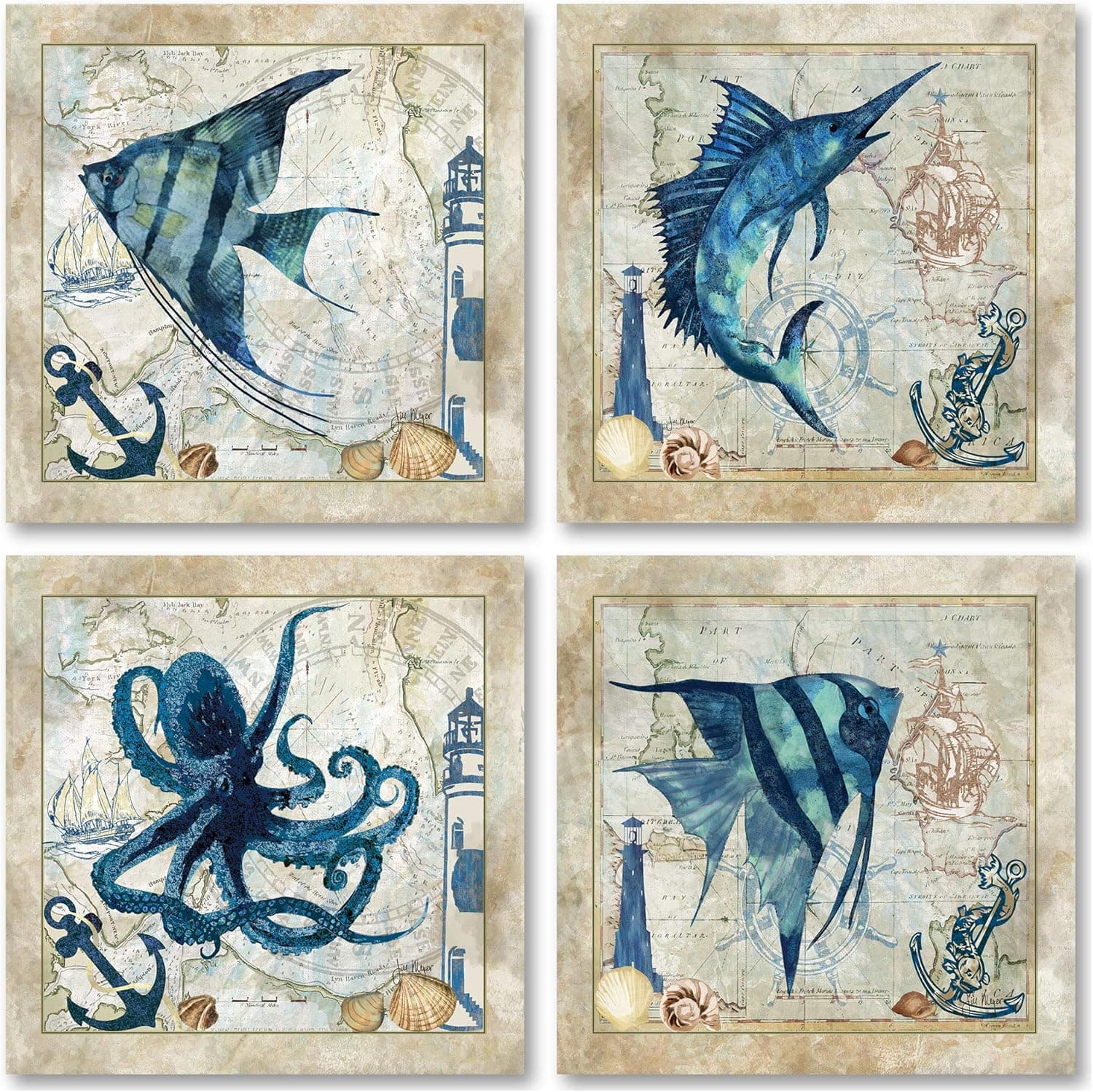 Classic Nautical Octopus, Swordfish, Tropical Fishes Prints; Set of 4 Posters Each 12x12