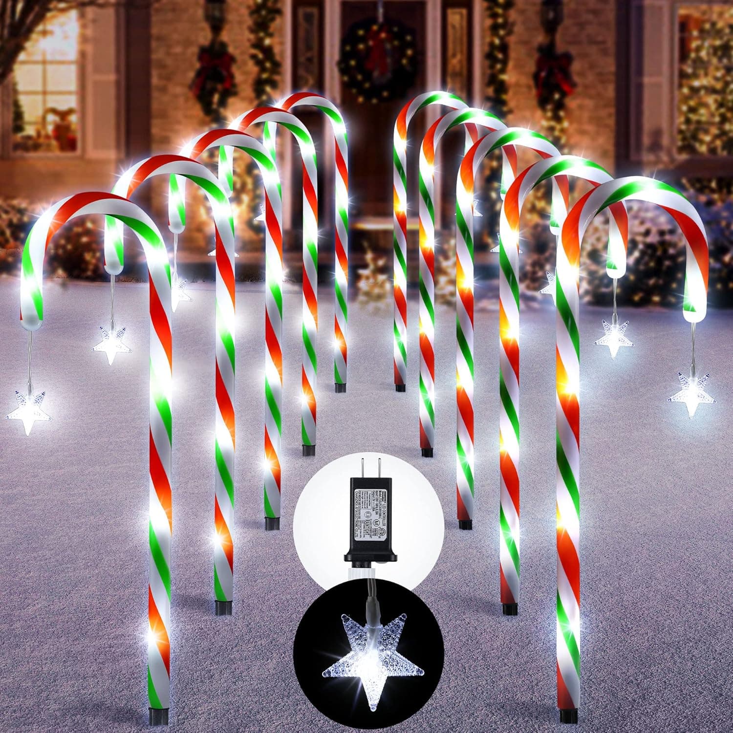 Christmas Candy Cane Lights, 10 Pack 20 Inch Pathway Markers Lights with Stakes, Christmas Red Green and White Driveway Lights with 8 Lighting Modes for Xmas Holiday Party Walkway Patio Garden Decor