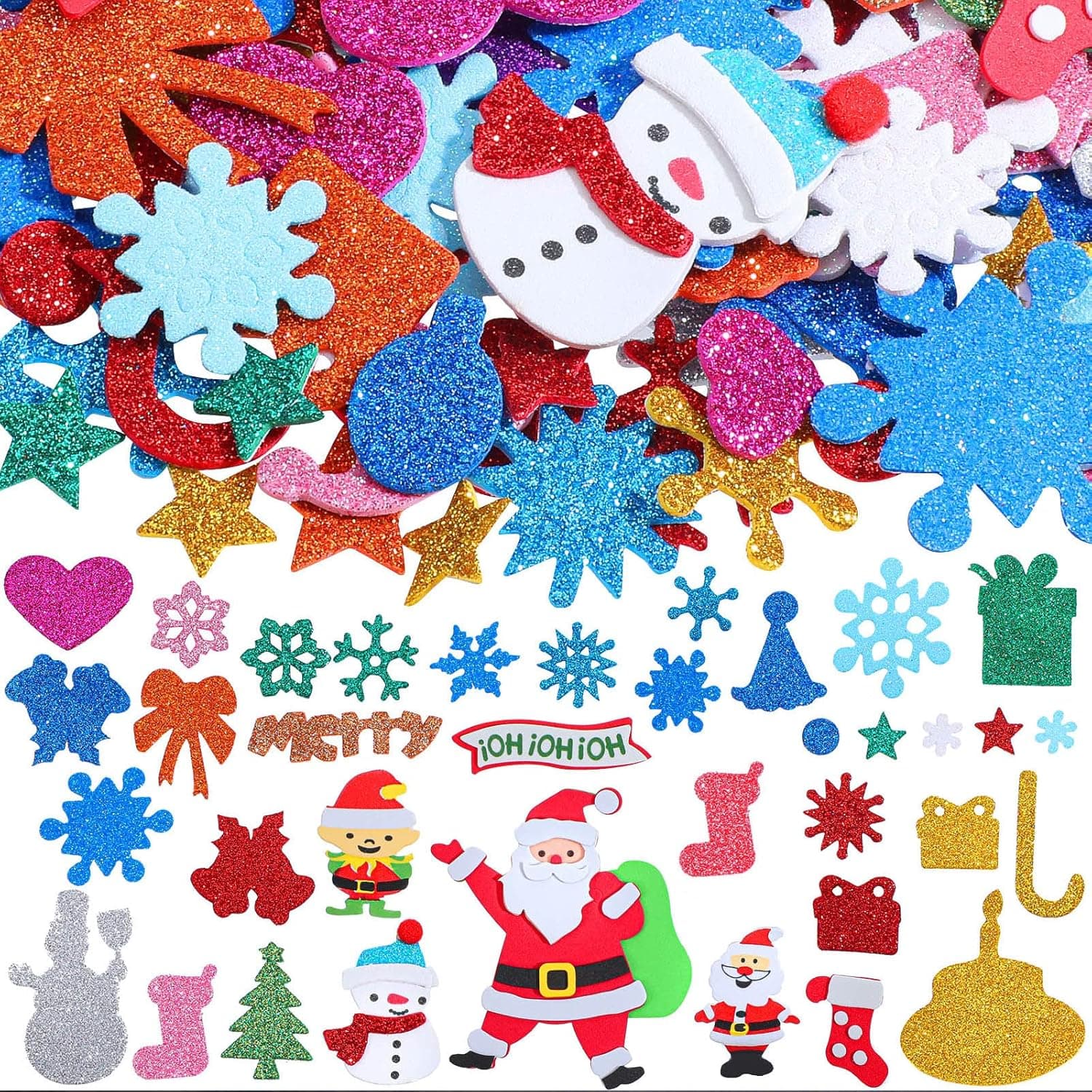 201 Pieces Christmas Glitter Foam Stickers Xmas Winter Self-Adhesive Foam Stickers Santa Claus Snowman Elk Foam Decals Snowflake Stickers Mixed Christmas Foam Stickers for Crafts Christmas Supplies
