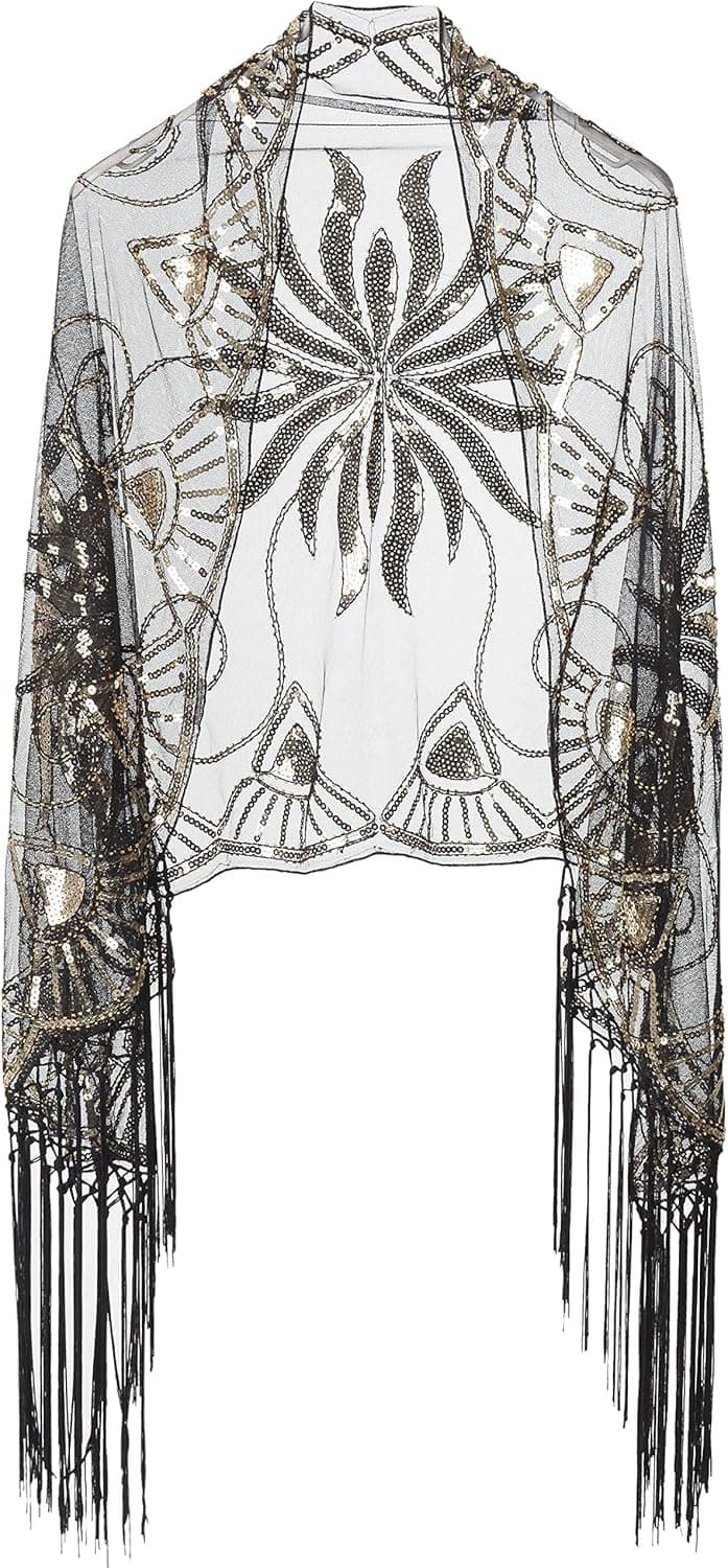 BABEYOND 1920s Sequin Beaded Shawl Evening Wrap Fringed Wedding Bridal Shawl Scarf