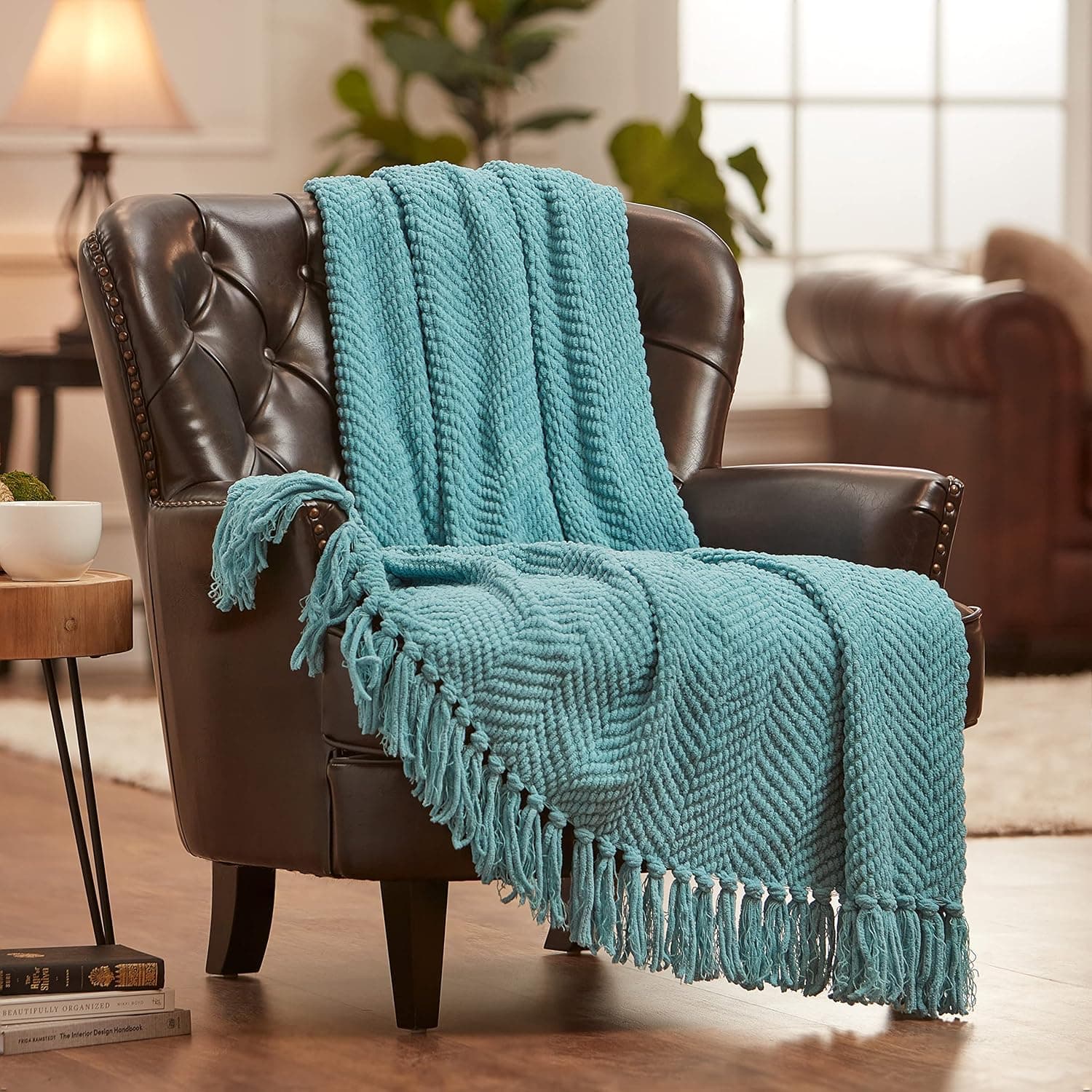 Chanasya Textured Knit Throw Blanket with Tassels - Soft, Cozy Blanket for Couch, Bed, Living Room - 50" x 65” - Aqua