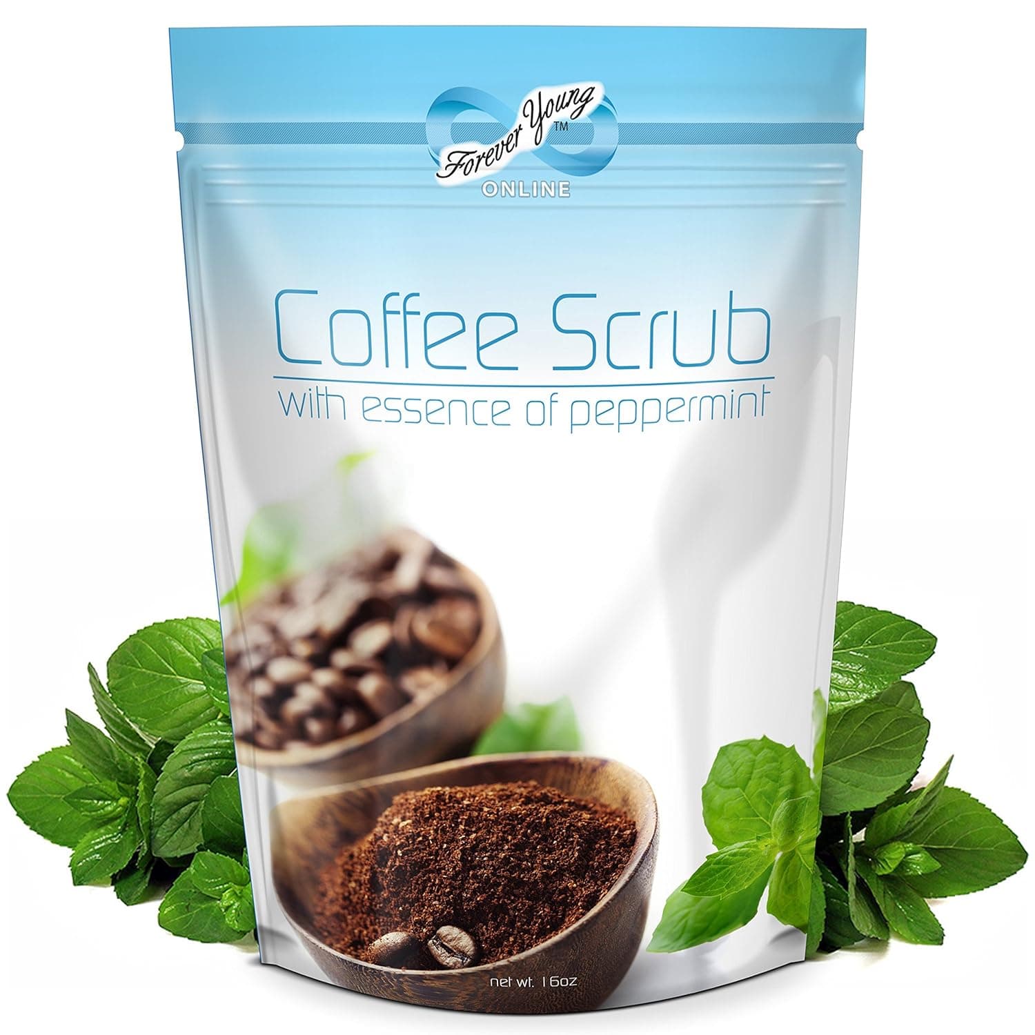 Forever Young Organic Coffee Body Scrub with Dead Sea Salts and Essence of Peppermint Oil, 16 oz.