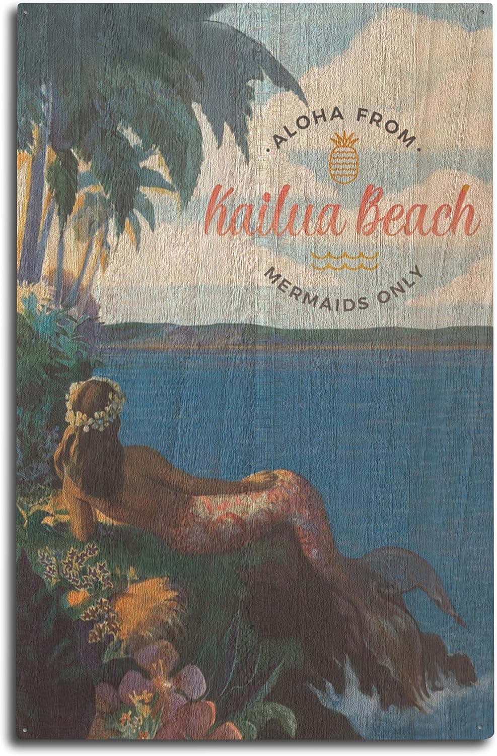 Kailua, Hawaii, Tropical Mermaid, Watercolor Birch Wood Wall Sign (10x15 Rustic Home Decor, Ready to Hang Art)