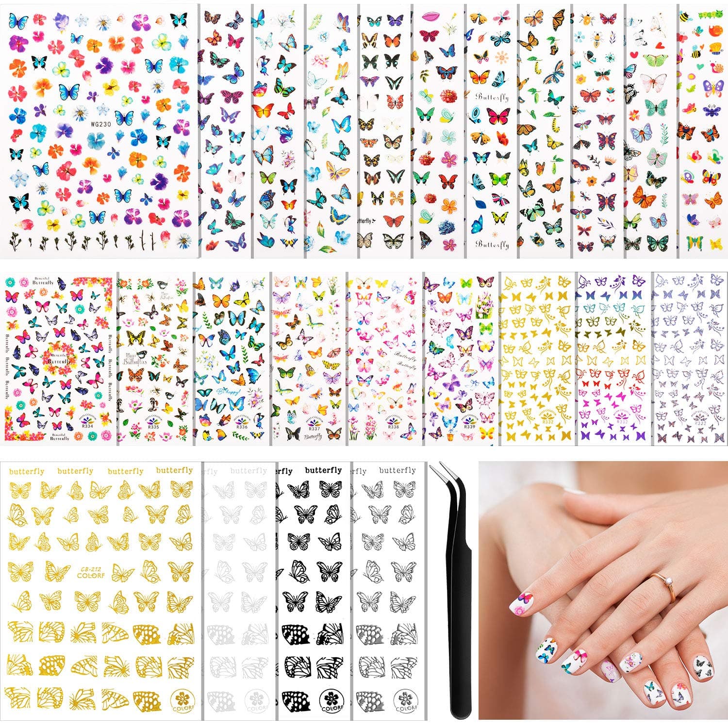 24 Sheets Butterfly Nail Art Stickers Butterfly Flower Nail Stickers Colorful Butterfly Nail Decals Self-Adhesive Nail Stickers with Black Tweezer for Women Girls Fingernails Toenails Decorations