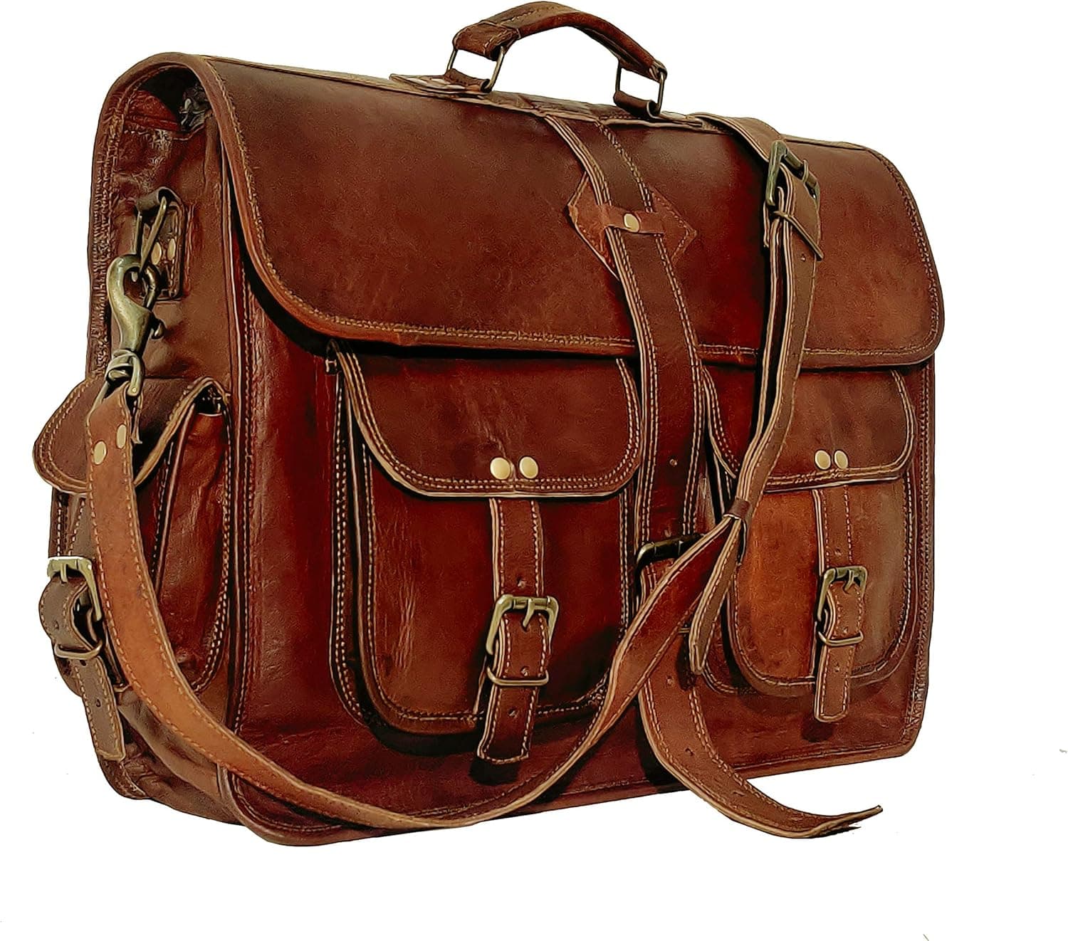 VC 18 Inch Vintage Handmade Leather Travel Messenger Office Crossbody Bag Laptop Briefcase Computer College Satchel Bag For Men And Women