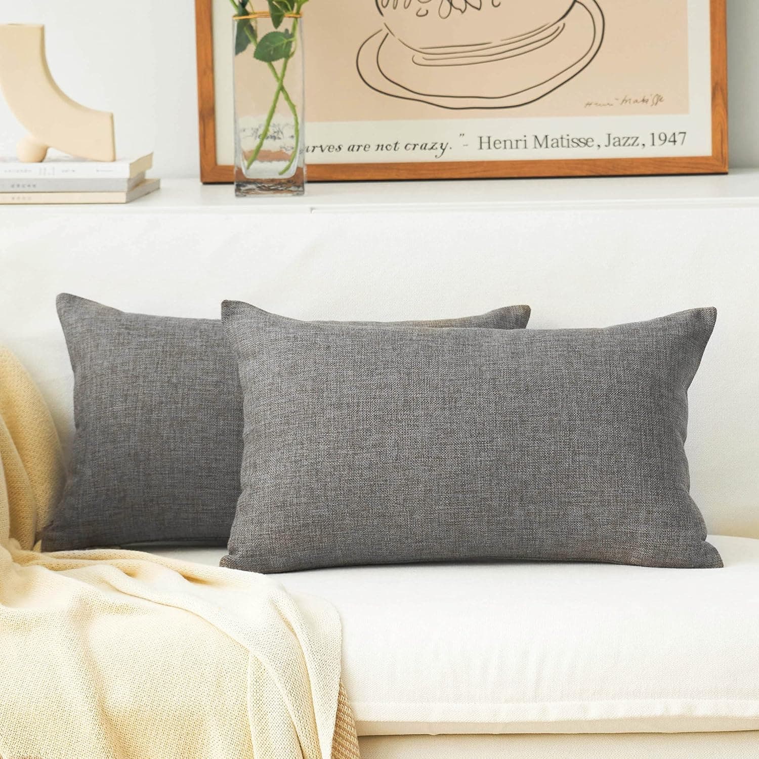 Home Brilliant Decorative Lined Linen Rectangle Cushion Covers Throw Pillow Cases for Car, 12" x 20"(30x50), Set of 2, Dark Grey