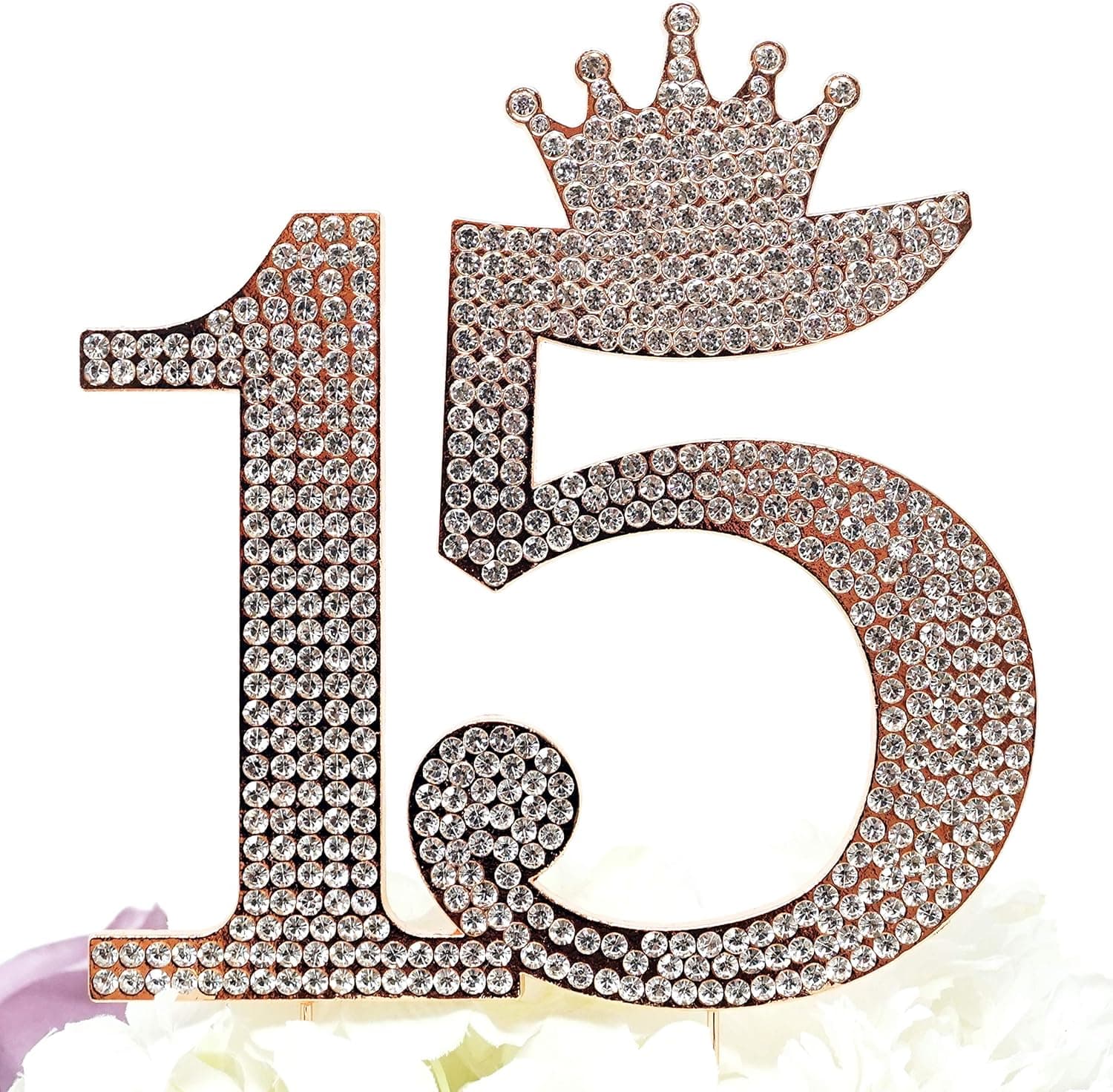 Number 15 Quinceanera Rhinestone Princess Crown Monogram Cake Topper - Sweet 15th Birthday Party (Rose Gold)