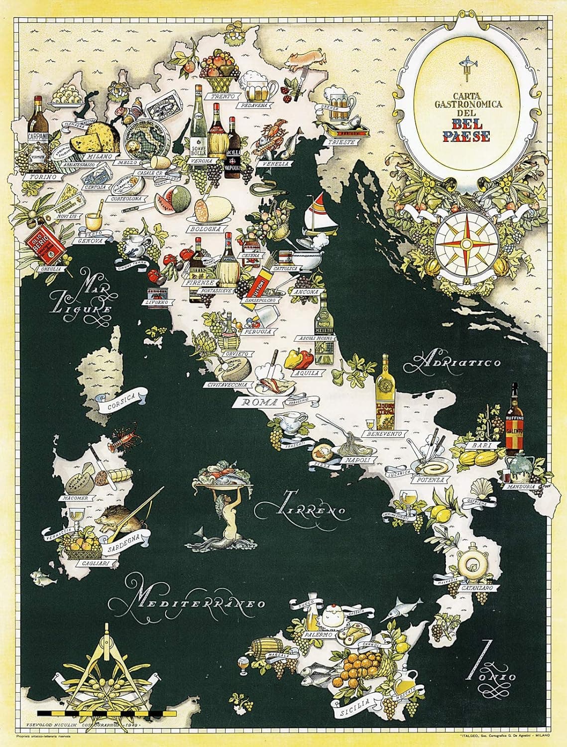 Riley Creative Solutions Gourmet Food Map of Italy - Italian Kitchen Decor - Carta Gastronomica - Unique Foodie Themed Chef Gift - Kitchen Restaurant Wall Art Poster