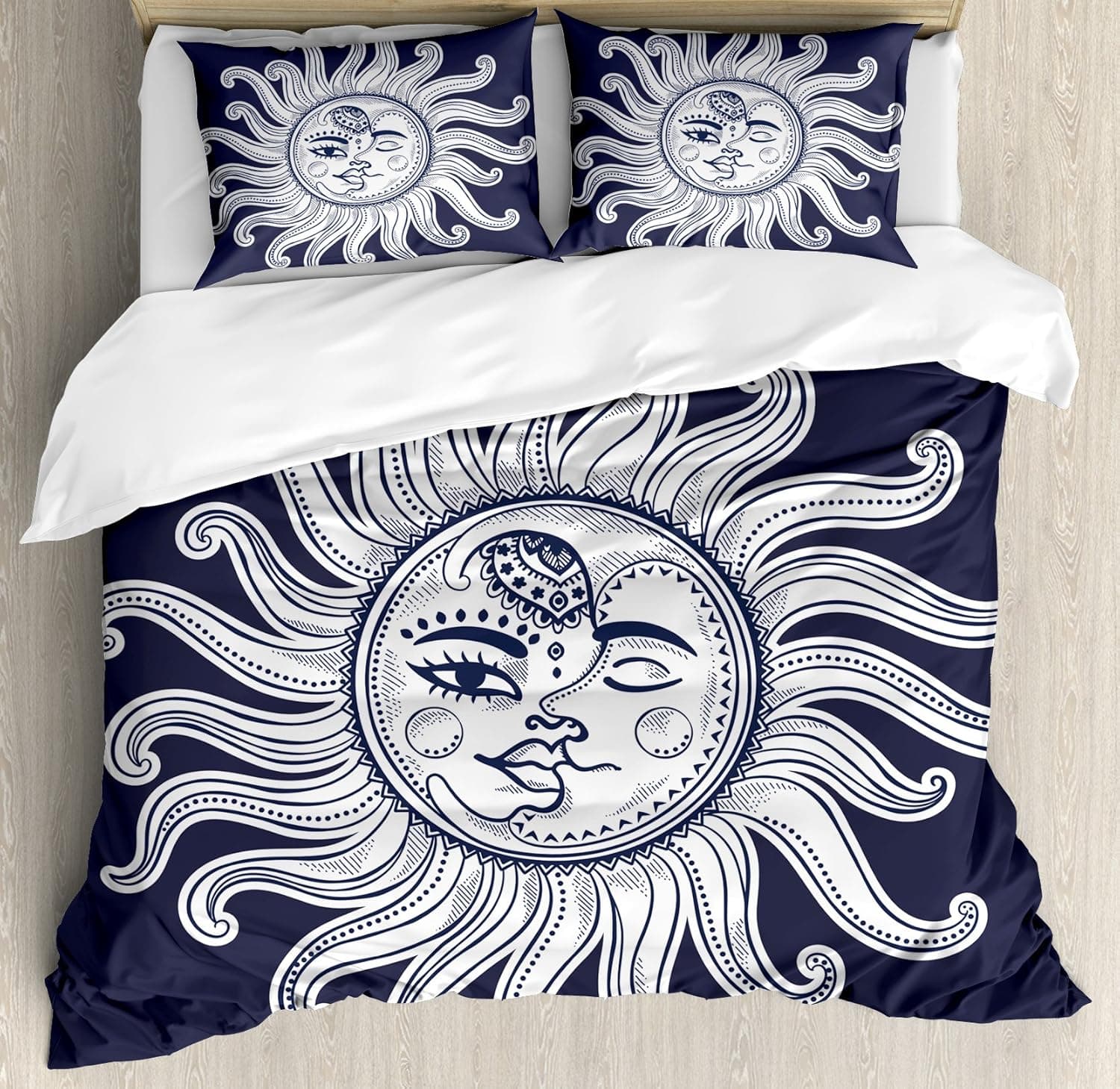 Ambesonne Sun and Moon Duvet Cover Set, Love and Romance in Sky Eclipse at Midnight Themed Folk Elements Vintage, Decorative 3 Piece Bedding Set with 2 Pillow Shams, Queen Size, Blue White
