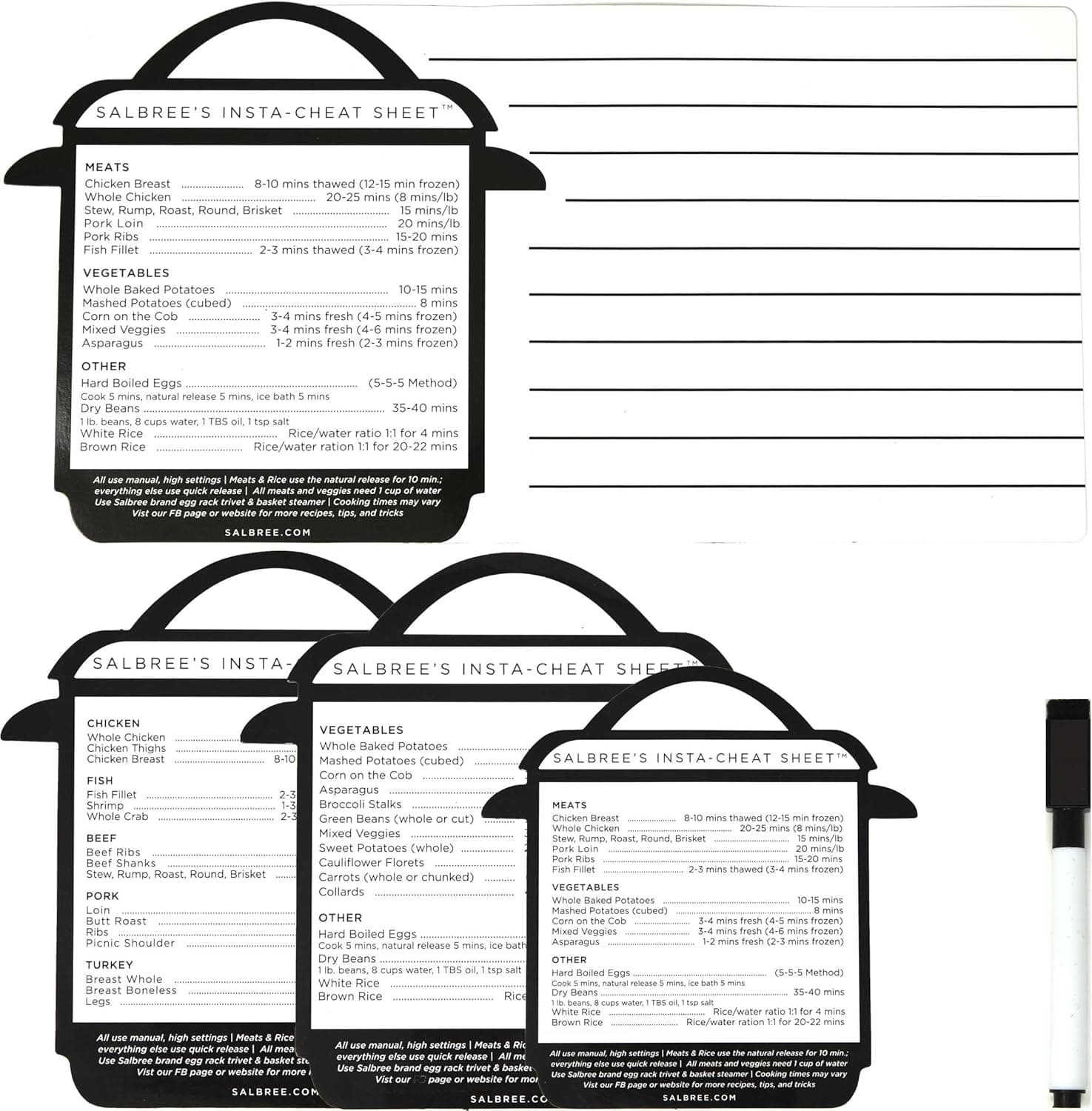 5 Pcs Cheat Sheet Magnets Decals for InstaPot Accessories by Salbree, Cooking Times Accessory Set With Dry-Eraser Magnet and Magnetic Marker to Write Your Pressure Cooker Recipes - IP 8 quart