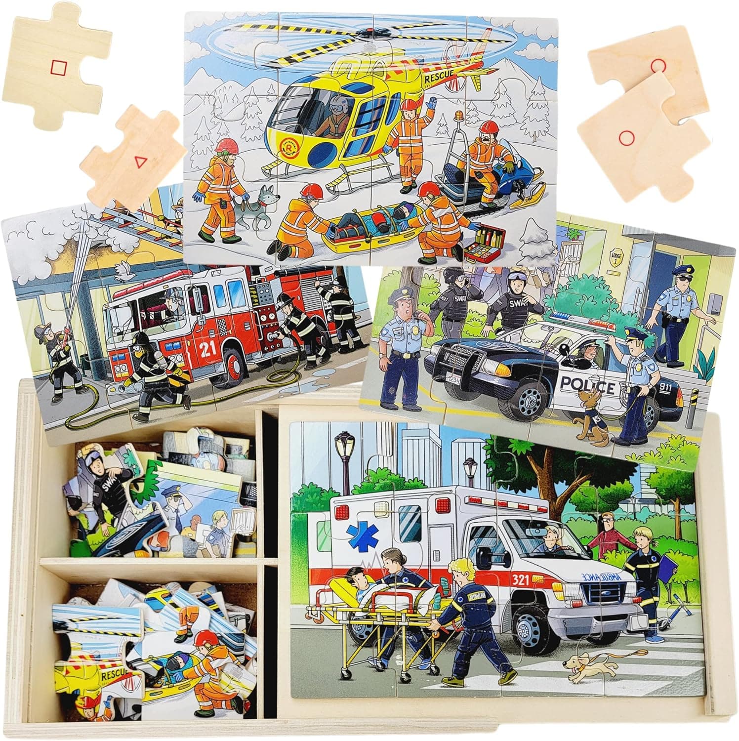TOYLI 4-in-1 Emergency Vehicle Jigsaw Puzzle 48 PCs Wooden Truck Puzzle for Little Kids with a Box Fire Engine Ambulance Preschool Educational Activity Skills Development, Great Gift for Toddlers