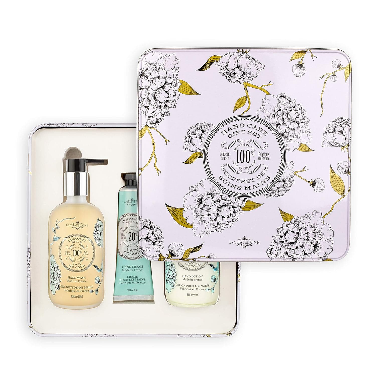 La Chatelaine Hand Care Gift Set | Hand Wash & Hand Lotion 8 oz. in frosted glass bottles, Hand Cream 2.3 oz. | Made in France | Graduation Present | Teacher Gift (Coconut Milk)