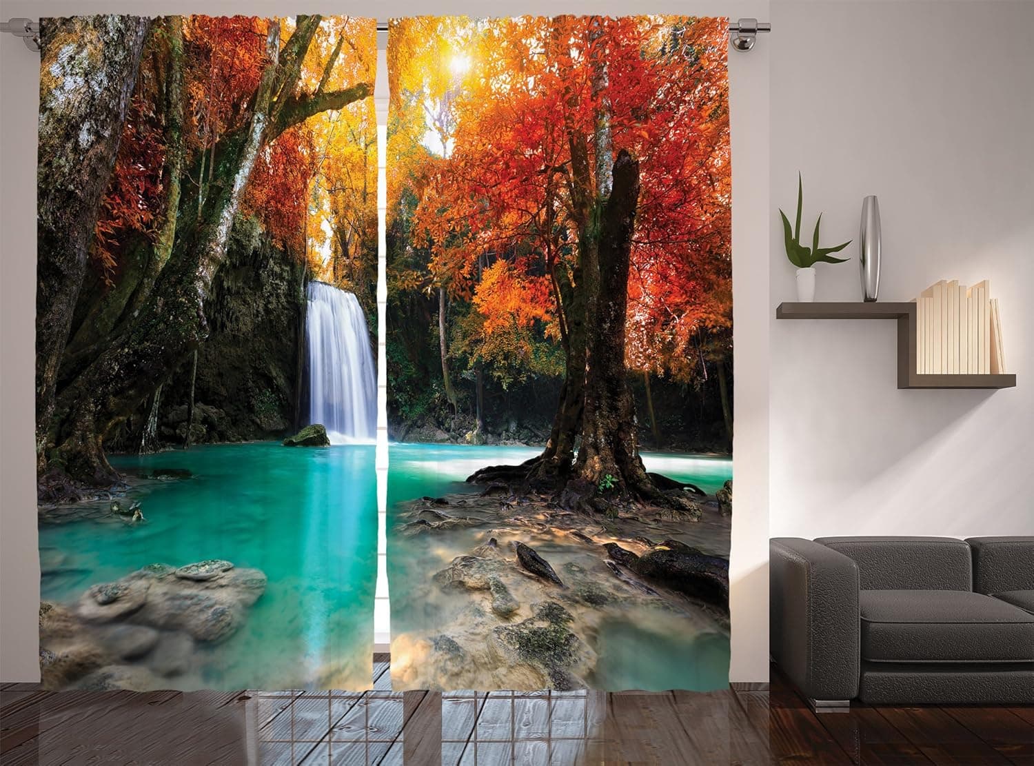 Ambesonne Waterfall Curtains, Deep Forest and Waterfall Autumn Fall Seasonal Forest Print, Living Room Bedroom Window Drapes 2 Panel Set, 108" X 84", Turquoise Orange