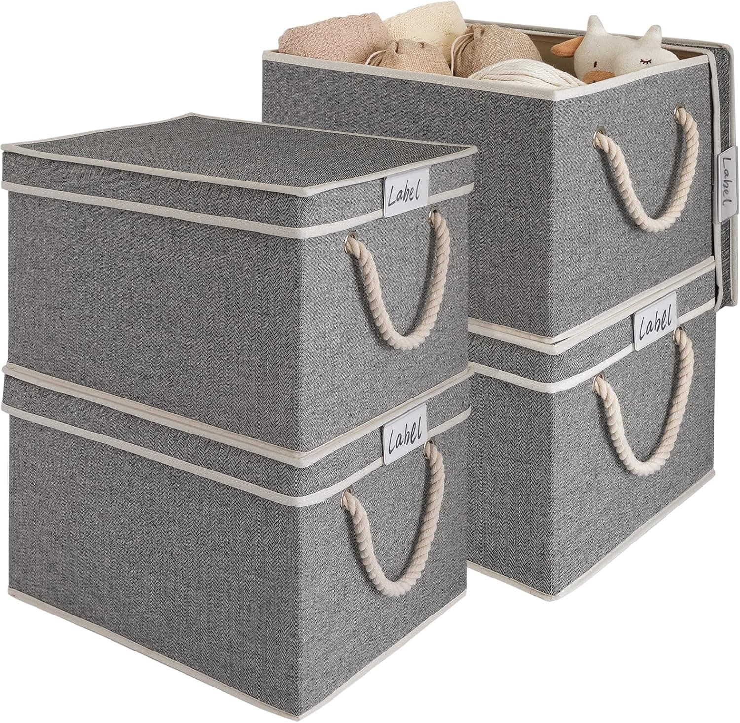 LoforHoney Home Fabric Storage Bins with Lids for Organizing, Foldable Storage Boxes with Lids for Shelves, Clothes Baskets with Cotton Rope Handles, Closet Storage Bins, XLarge, Dark Gray, 4-Pack