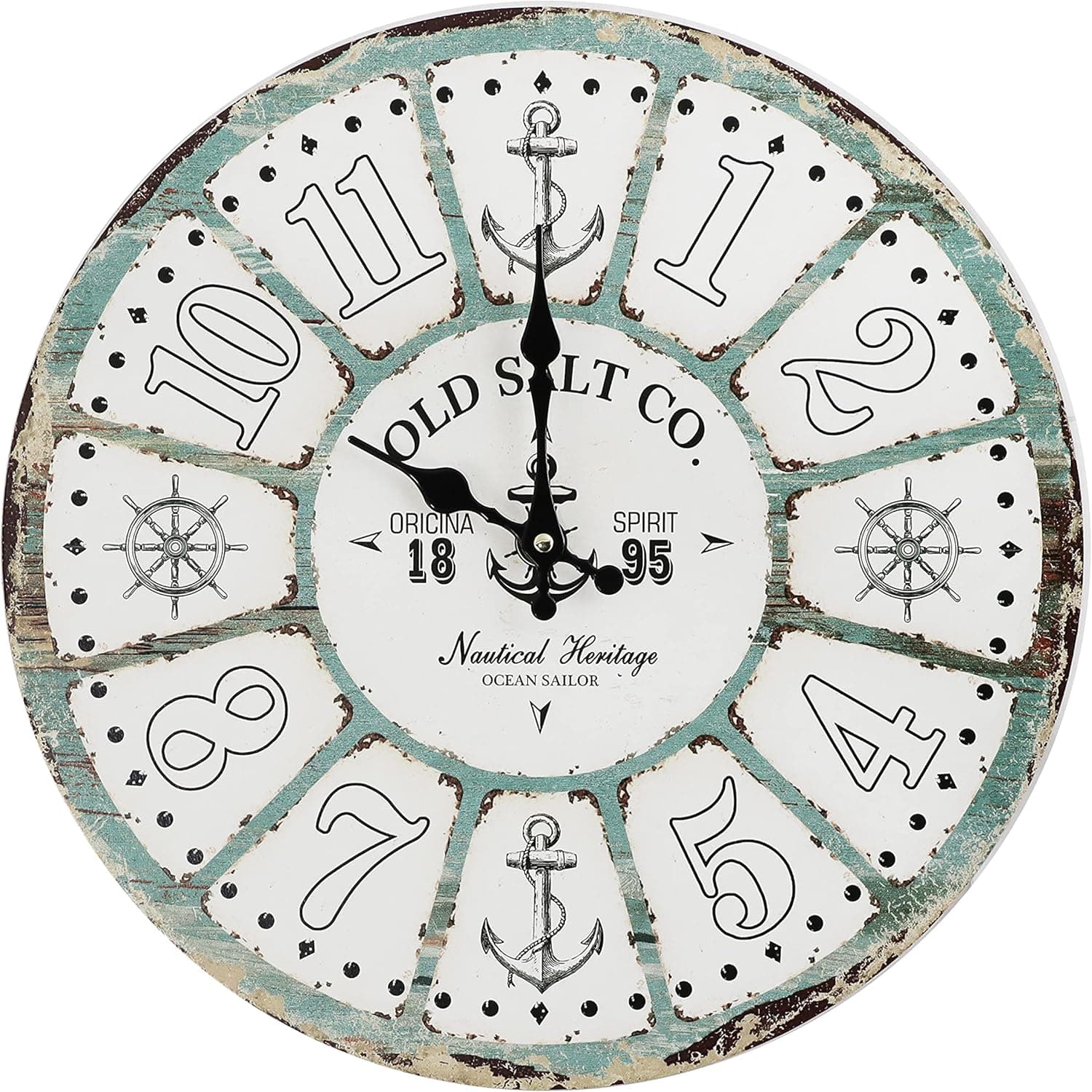 Nautical Wall Clock, Rustic Weathered Distressed Wood Look with Anchors and Ship’s Wheels, for Sea or Beach Theme Decor