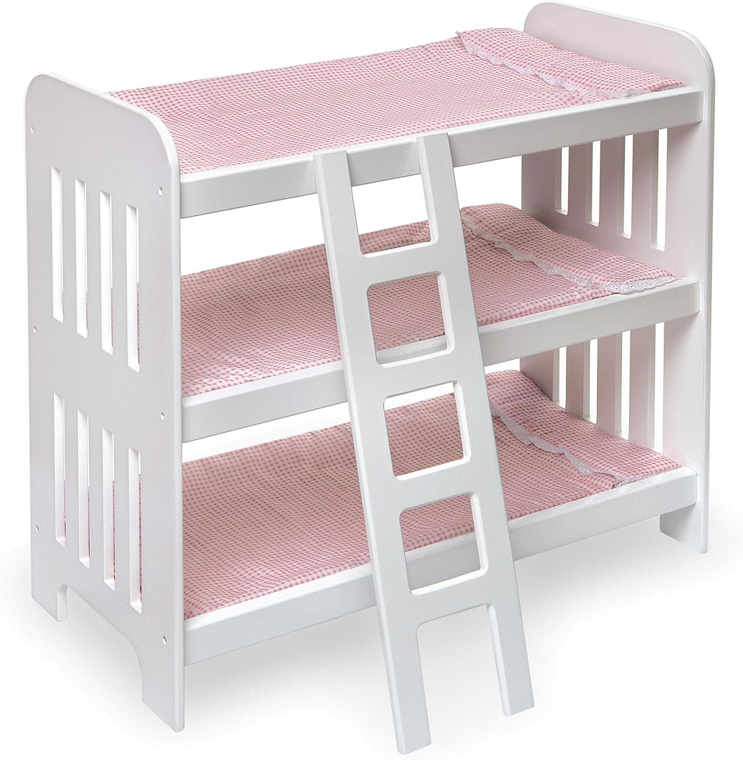 Badger Basket Toy Doll Triple Doll Bunk Bed with Ladder, Bedding, and Personalization Kit for 20 inch Dolls - Pink Gingham