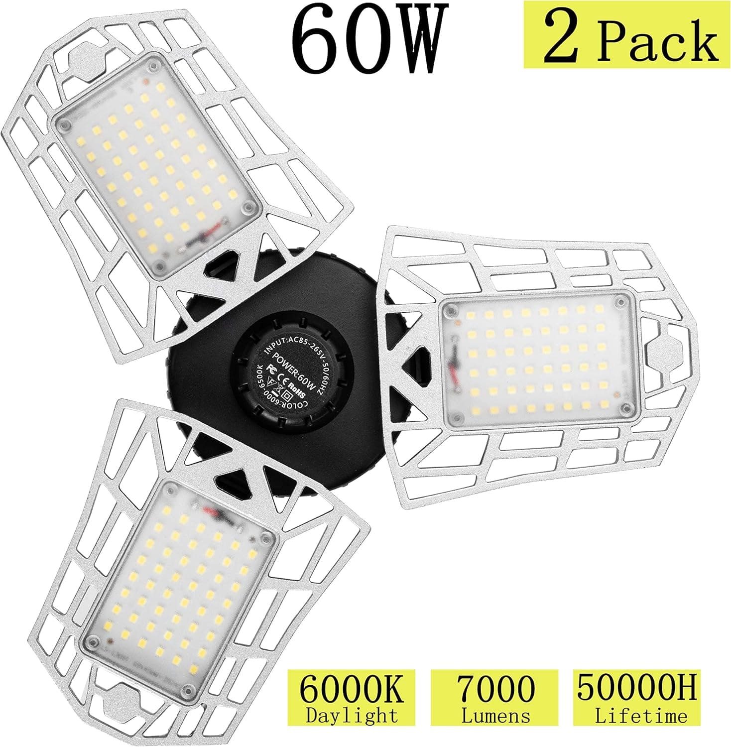 Patavin LED Garage Lights, 2 Pack, Bright Utility Lighting with 3 Adjustable Panels, Overhead Ceiling Use for Workshops, Storage Rooms, or Warehouses, 60W Brightness
