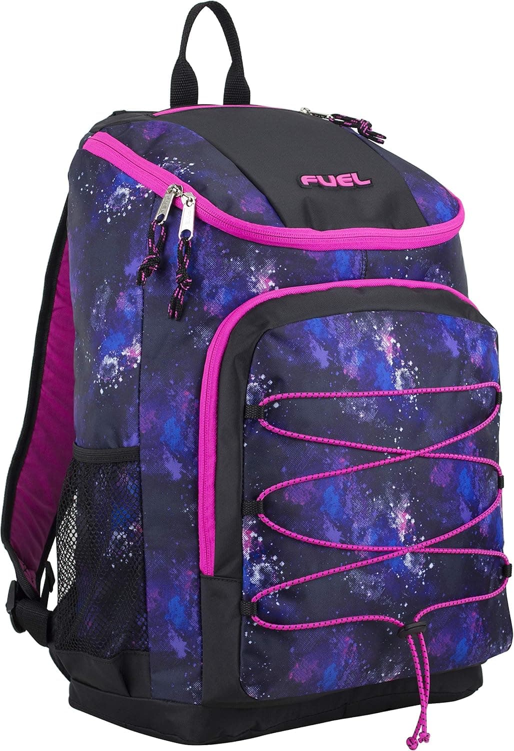 FUEL Wide Mouth Sports Backpack with Laptop Compartment for Classroom, Travel, Outdoors (Galaxy Print/Black/Hot Pink Trim)
