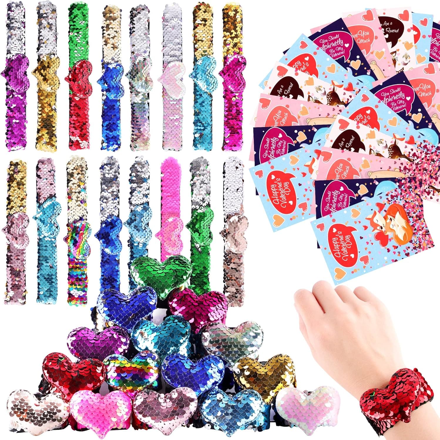 FiGoal 16 Pack Valentines Day Sequin Slap Bracelets with Shining Heart and 16 Pack Valentines Cards Two-Color Decorative Reversible Charm Bracelets Magic Sequins Flip Wristband Kids Classroom DIY Gift Set