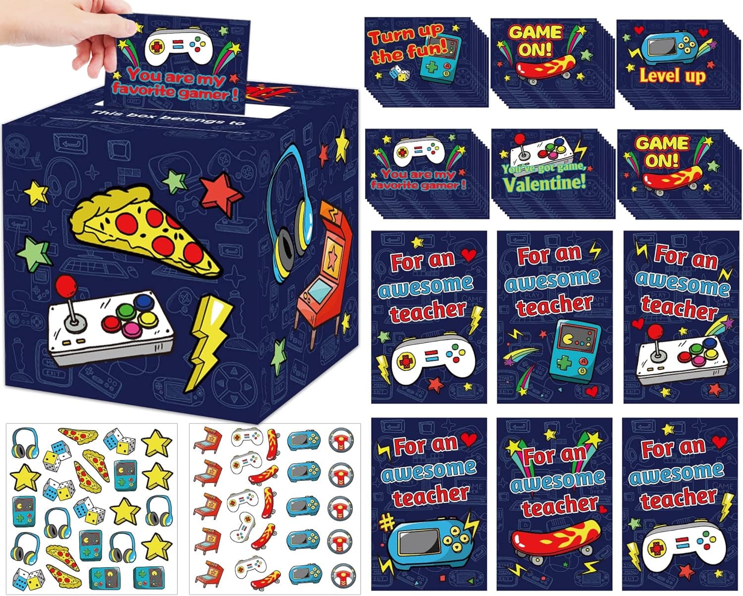 Valentines Day Cards for Kids and Mailbox Video Games Themed Valentine Day Exchange Cards Box Set for Classroom Boys Girls School Class Party Favors(1 Mailbox, 50 Valentine Cards, 50 Stickers)