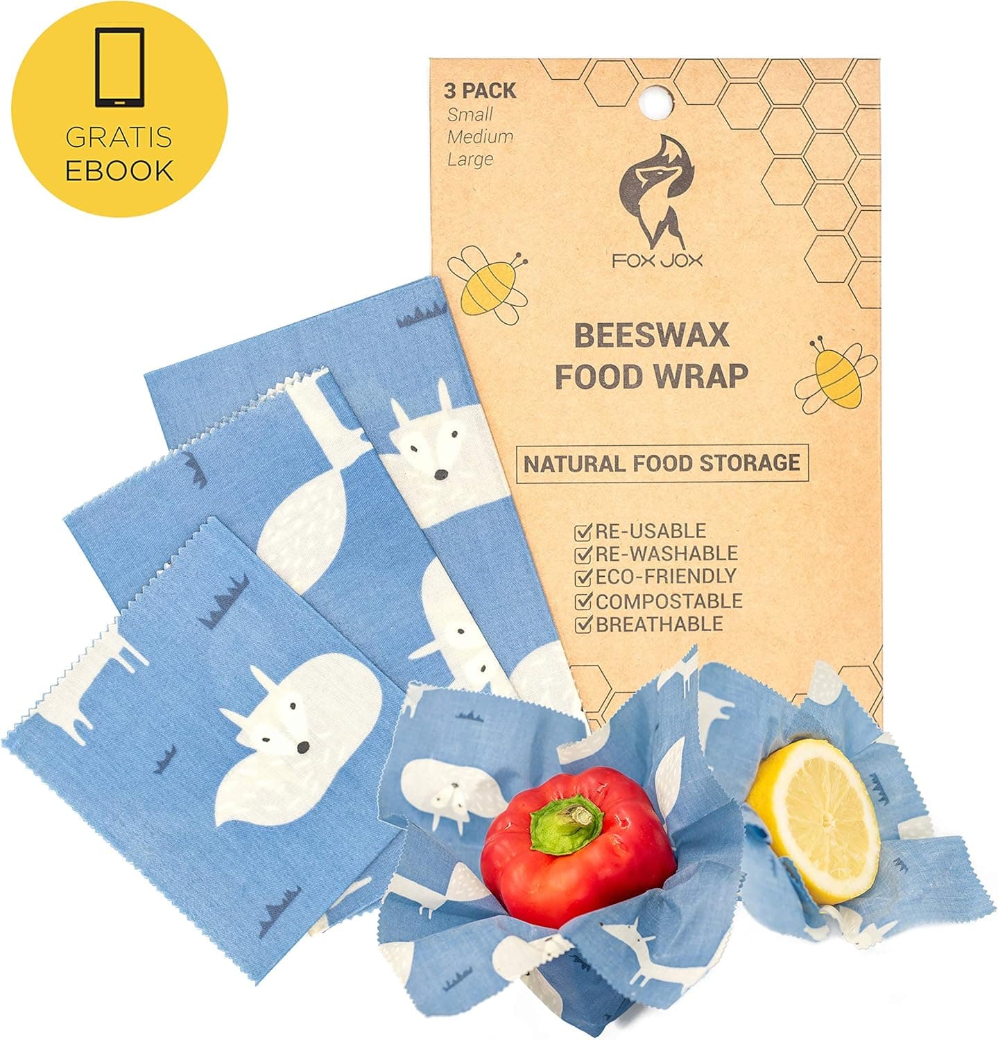 Organic Reusable Bees-Wax Wraps | 3 Assorted Sheets - Small Medium Large | Eco Friendly Natural Food Wrap | Extra Ebook | Biodegradable and Plastic Free Storage