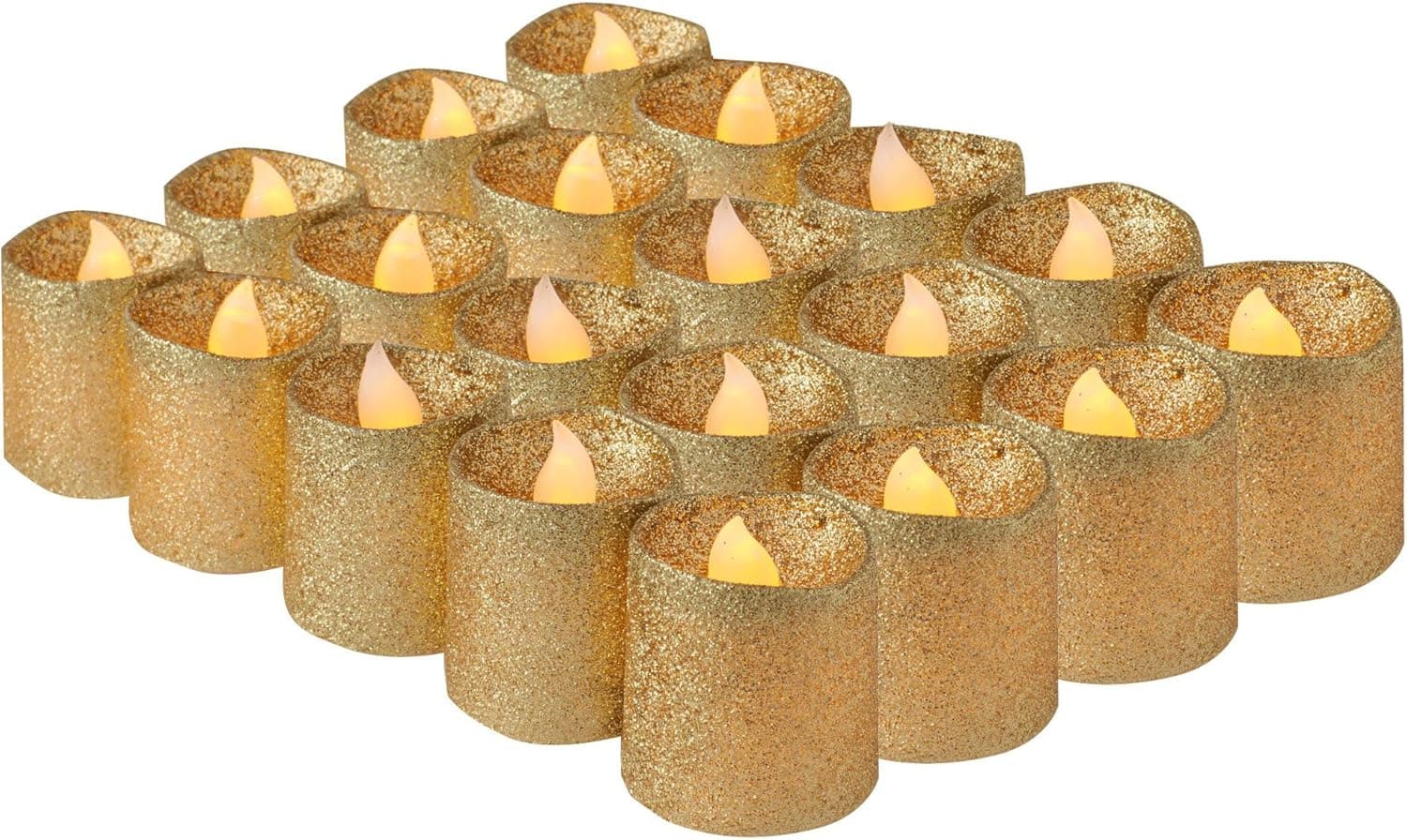 Gold Glitter Flameless Candles by Brightpik - Votive Led Tea Lights and Wedding Candle - Battery Operated Table Decor for Halloween Party Weddings - Set of 20 Lights & Batteries
