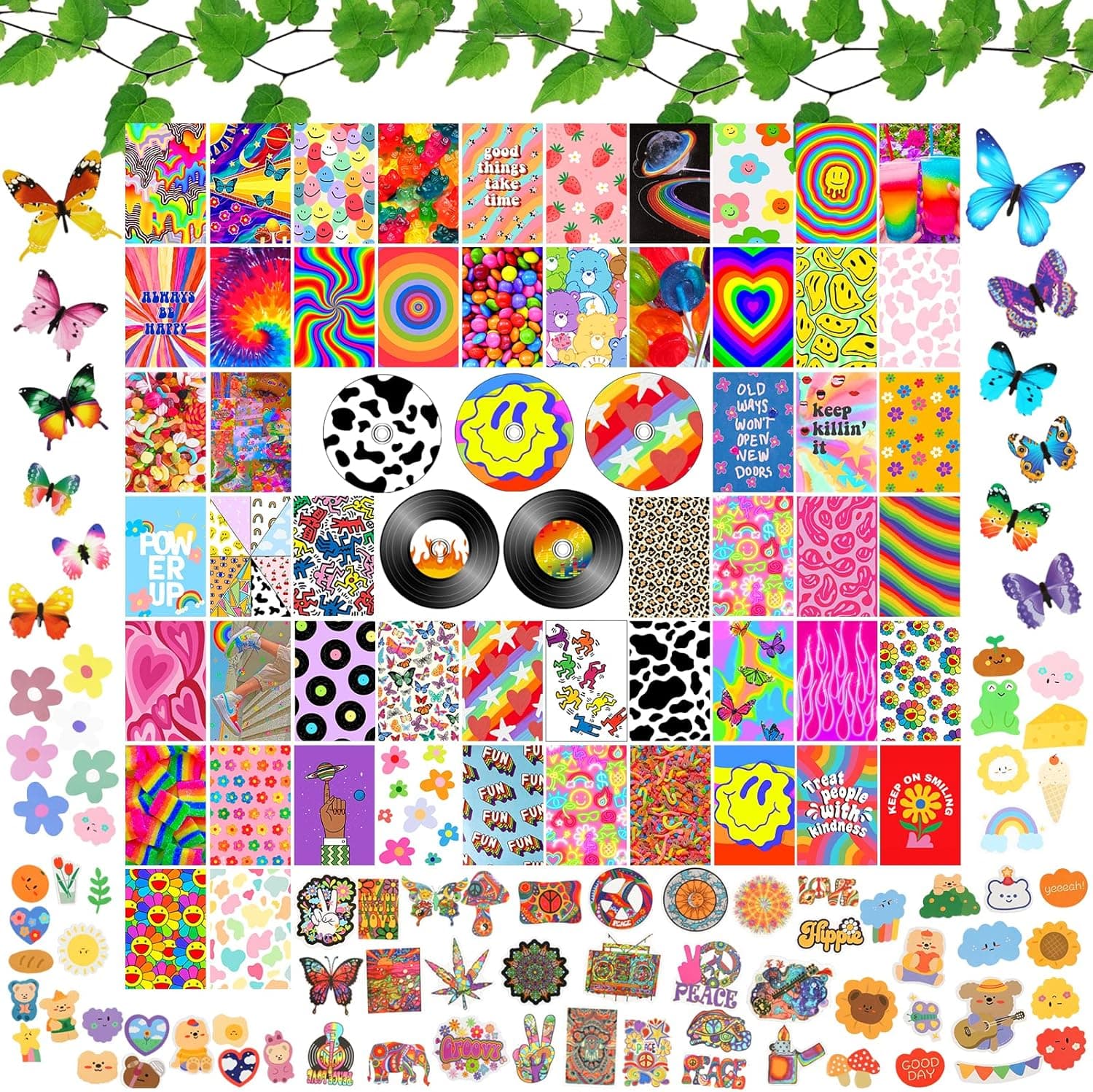 133PCS Indie Room Decor Indie Wall Photo College Kit,Y2k Kidcore Hippie Trippy Grunge Room Decor Aesthetic 55 Indie Images 60 Indie Stickers 5 Indie CD 1 Plants Vine for Teen Girls Students Room Decor