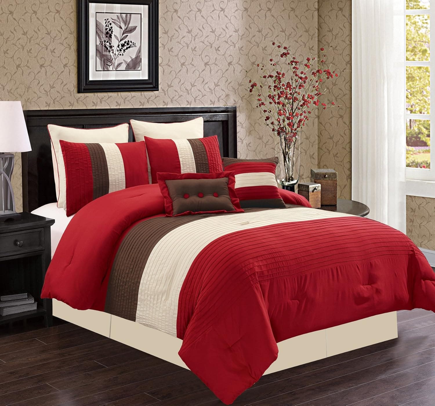 Grand Linen 8 Piece King Size Burgundy RED/Brown/Beige Pin Tuck Stripe Regatta Down Alternative Comforter Set 104" X 90" Bedding with Accent Pillows and Euro Shams