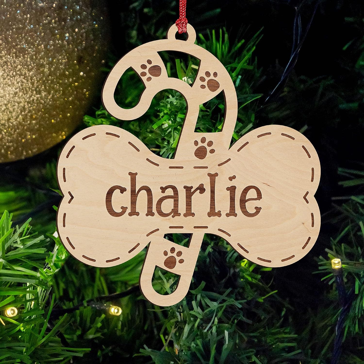 Personalized Dog Ornaments for Christmas Tree w/Pet Name - 4" Laser Engraved Plywood, Dog Bone with Christmas Cane Ornament - Plywood