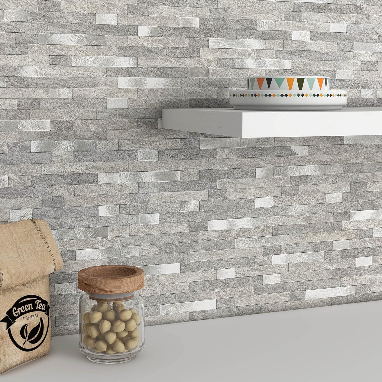 BeNice Peel and Stick Tiles Kitchen Backsplash Linear Mosaic,Bathroom Wall Panels Self Adhesive Marble(5pcs Gray)