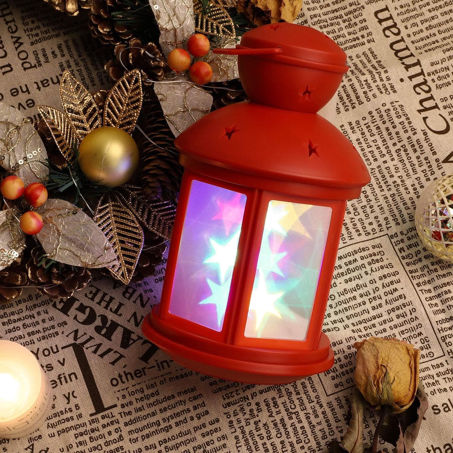 Lewondr Decorative LED Lantern, 8 Inch Battery Powered Floor Night Beiside Lamp Flickering Flame Festival Indoor Outdoor Table Top Decorations for Patio Yard Home Wedding Party - Red, Colorful Light