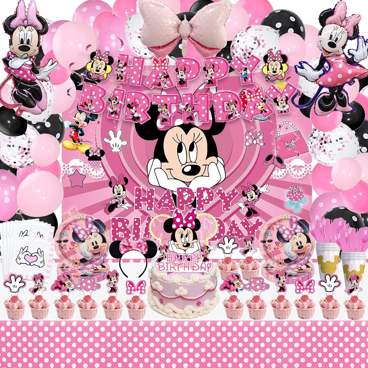 156pcs Birthday Party Supplies With Balloon,Cake Toppers, Pennants, Plastic Swirls, Tableware,Hair Accessories,Paper Cup,Tablecloth, Backdrop For Pink Theme Party