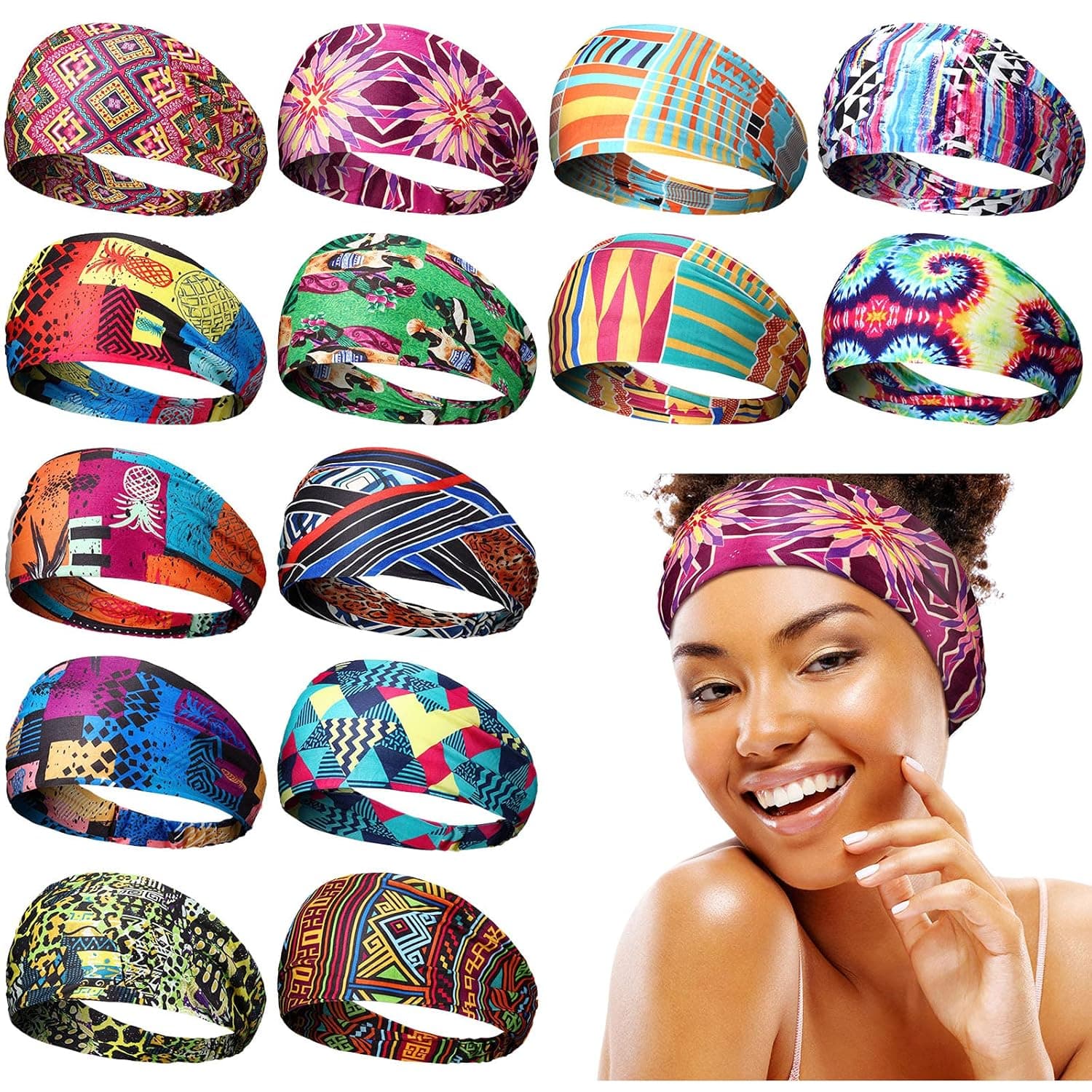 14 Pieces African Headband Women Headband Yoga Sports Headband with Strip and Floral Prints for Women Girls Hair Accessories (Abstract African Patterns)