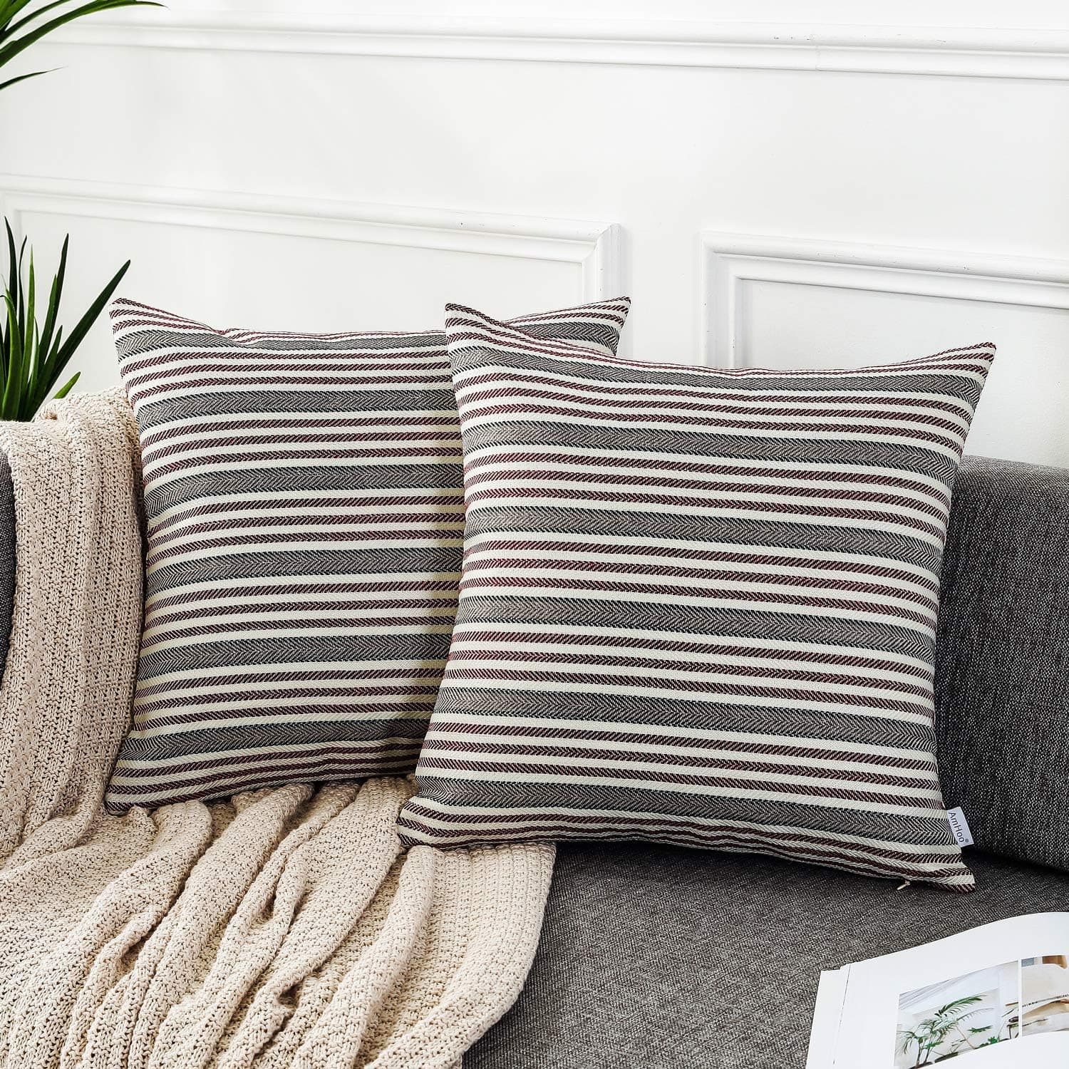 AmHoo Pack of 2 Striped Linen Throw Pillow Cover Soft Comfortable Pillow Case Cushion Cover with Hidden Zipper for Couch Living Room Sofa Bedroom Car 20 x 20 Inch Red