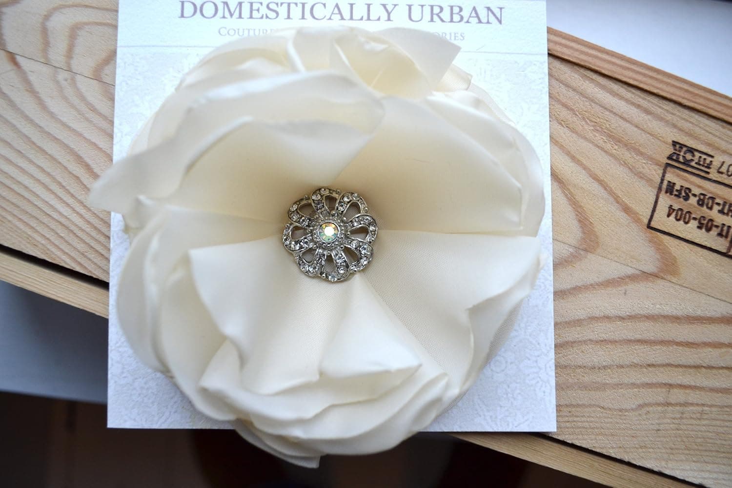 Ivory Rosette w/ Elegant Rhinestone Embellishment Flower Clip/brooch