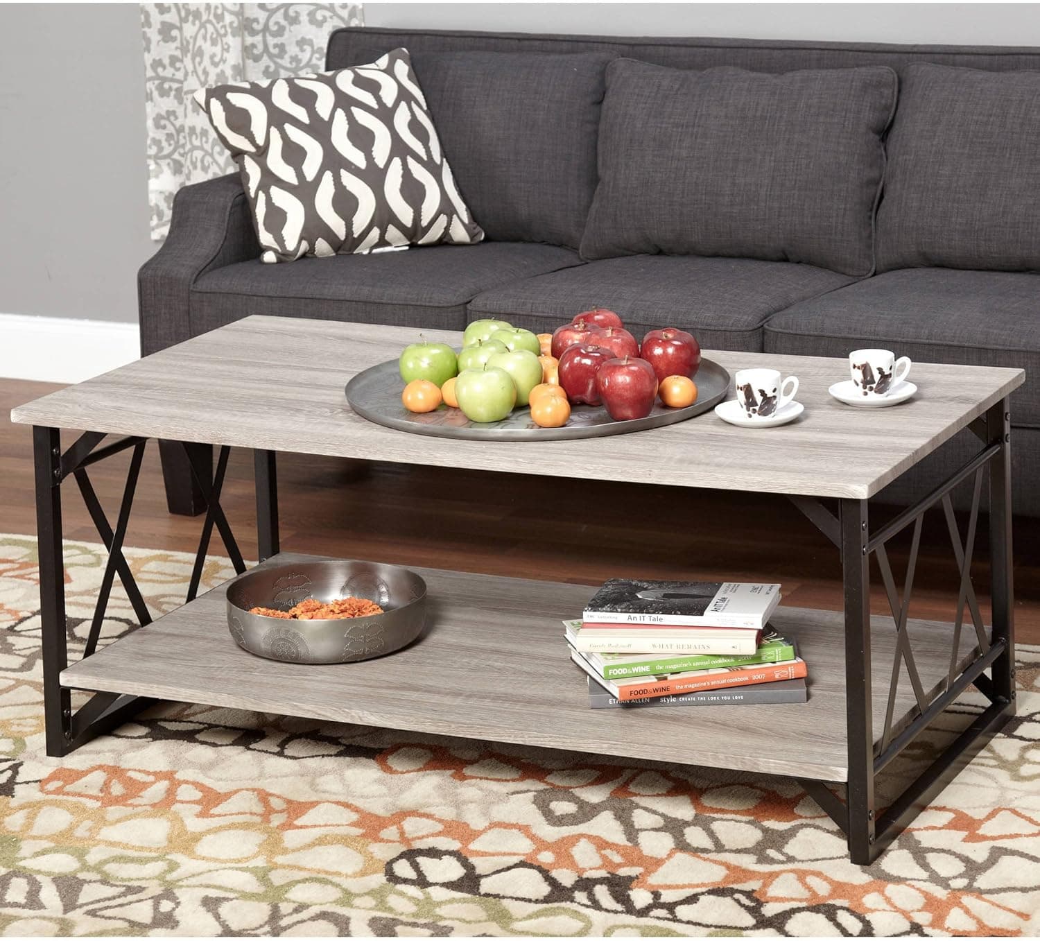 Coffee Table. This piece of living room furniture brings stability and is attractive. This decor is contemporary, rustic and sophisticated. Provides storage shelf and metal frame. Perfect end table, gray wood decoration. Beautiful home guaranteed.