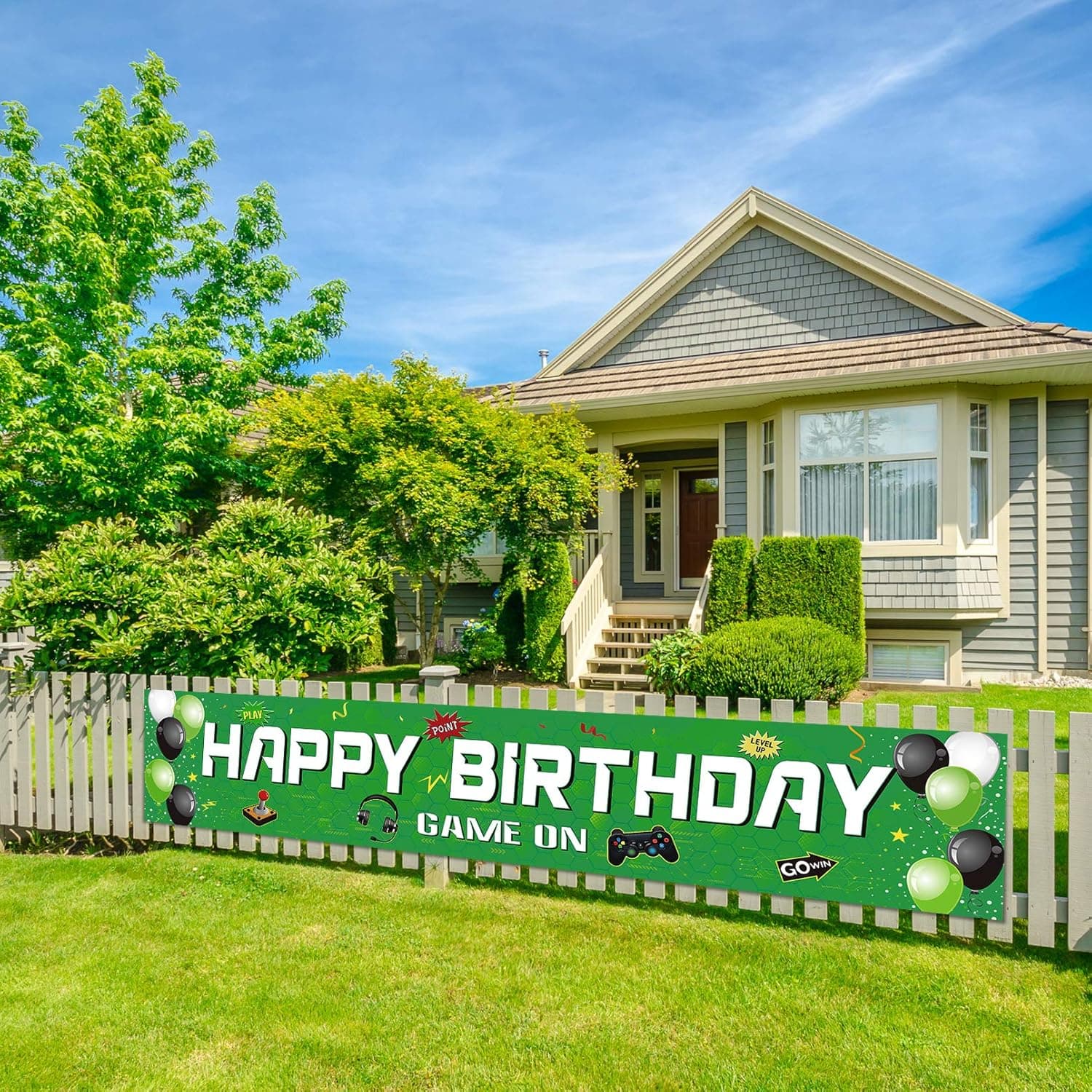DUAIAI Video Game Party Supplies Happy Birthday Banner, Personalized Gaming Sign Birthday, Photo Booth Backdrop Background Banner with Gamepad for Boys Kids Player Geeks Gaming Themed Party Decoration
