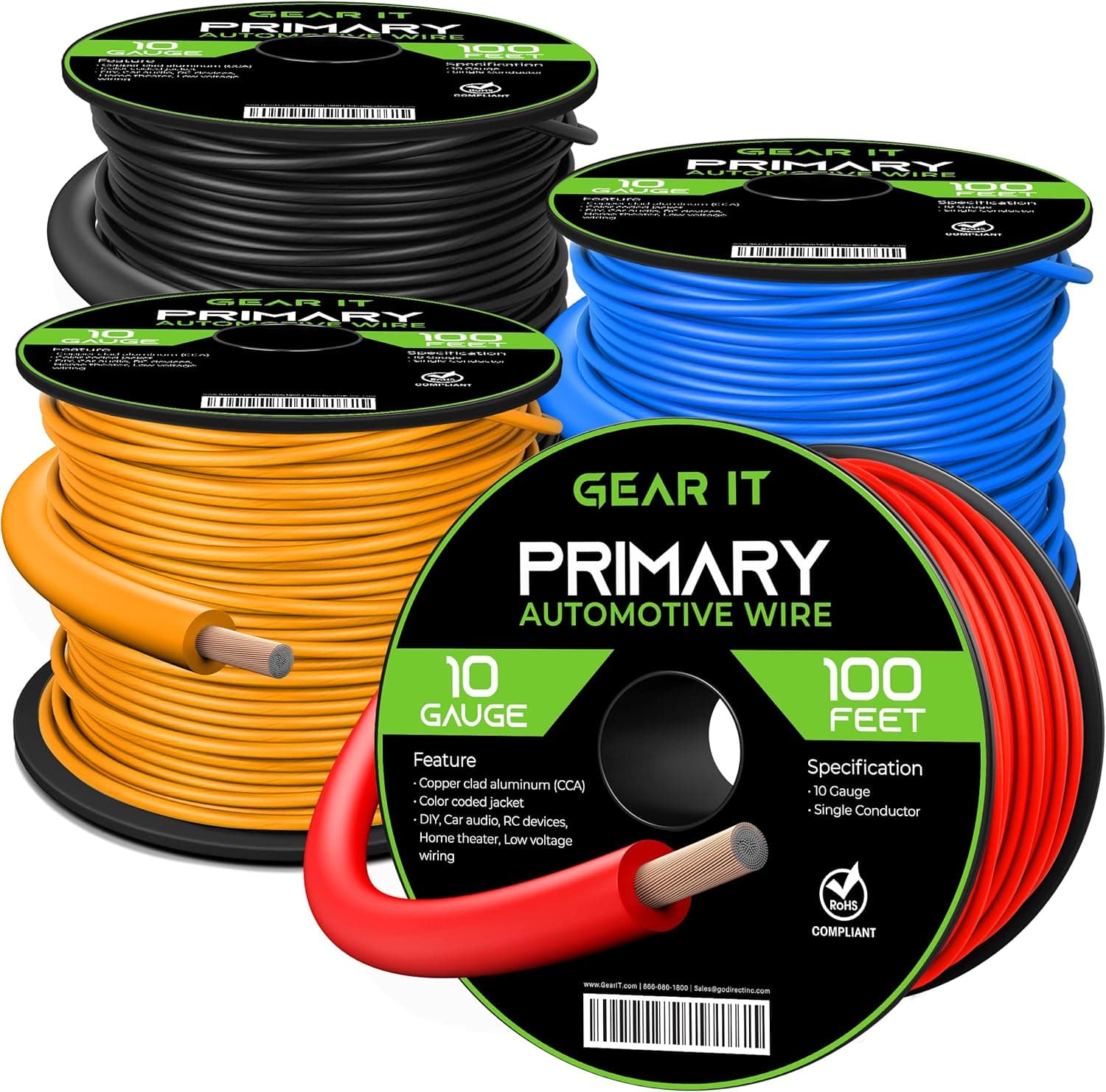 GearIT 10 Gauge Wire (100ft Each- Black/Red/Blue/Yellow) Copper Clad Aluminum CCA - Primary Automotive Power/Ground Battery Cable, Car Audio, Trailer Harness, Electrical - 400 Feet Total 10ga AWG Wire