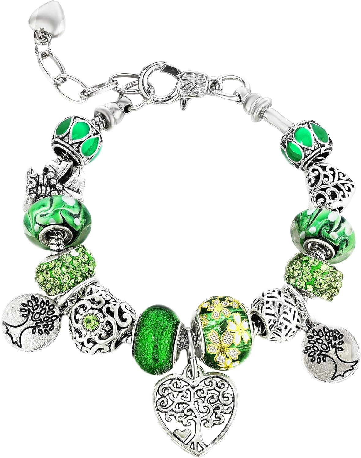 Family Tree Charm Bracelets Green Beads - Teen Girls Women Gifts Adjustable Fits 6 - 8.5 inch
