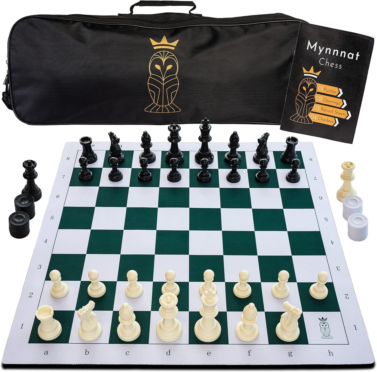 Mynnnat Professional Chess Set, Thick Tournament Roll up Board and Pieces with Travel Bag, Checkers and Unique Booklet for Chess Training - White & Green
