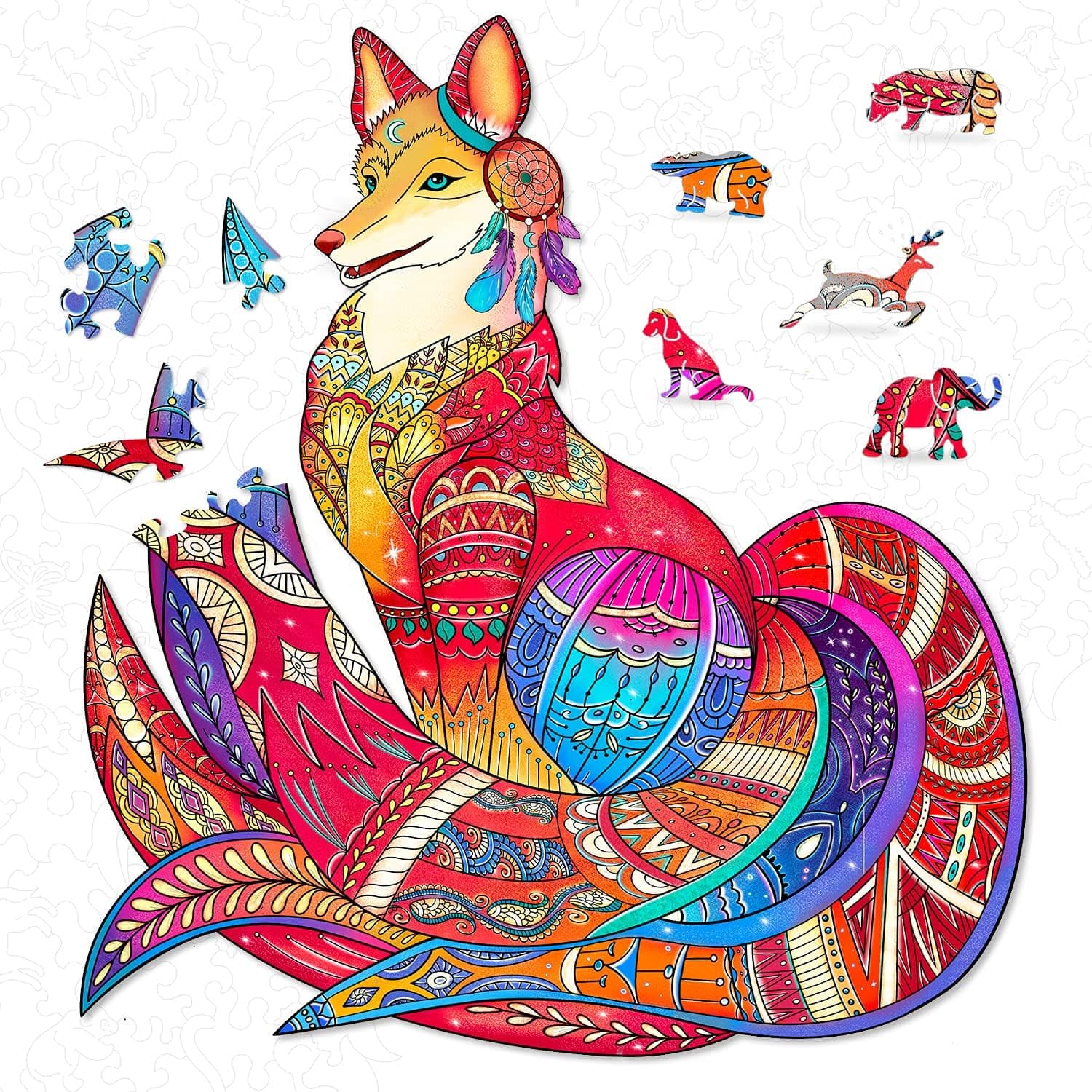 Hodslen Woods - Animal Wooden Jigsaw Puzzles for Kids (12+ Years) Adult, Teens, Family; Majestic Animal Shaped Natural Wood Puzzle, Medium Level, 12.2x12.5 in.(31x32 cm),140 pcs, L - Size – Magic Fox