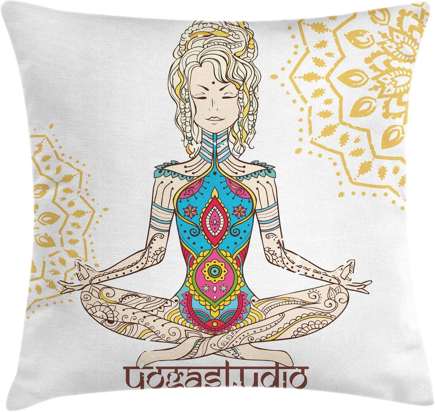 Ambesonne Colorful Throw Pillow Cushion Cover, Girl in Yoga Position with on Her Body Physical Force Pattern, Decorative Square Accent Pillow Case, 16" X 16", Ivory Multicolor