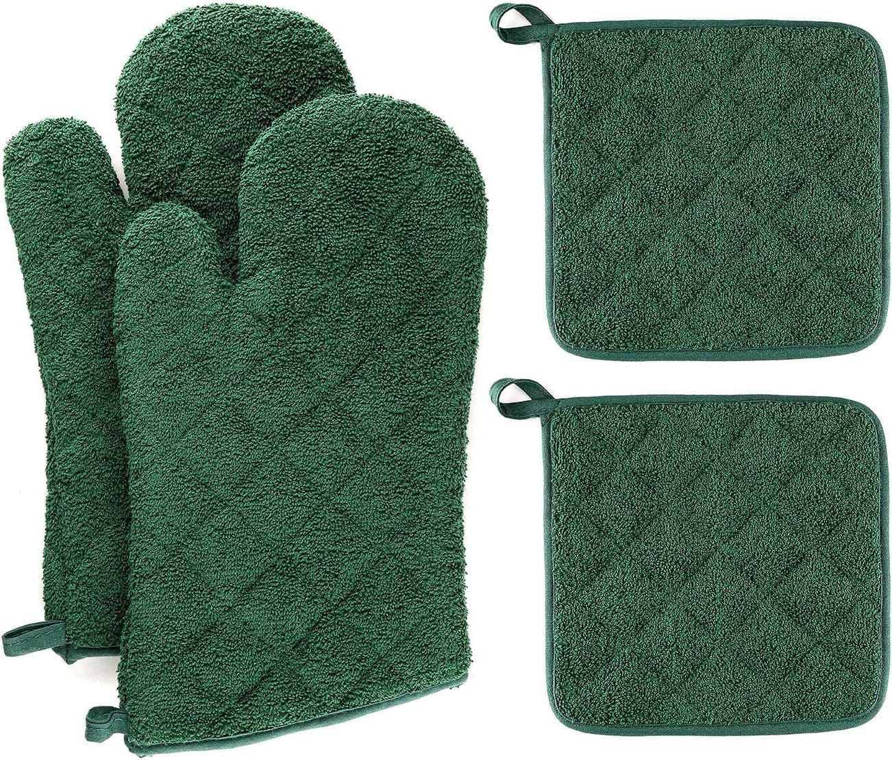 VEIKERY Oven Mitts and Potholders Sets- 1 Pair Oven Mitts and 2 Sets Pot Holders Perfect for Kitchen Cafe Restaurant Cooking Baking Grilling or Dinner Party Heat Resistant Mats Pads(Green)